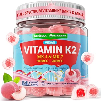 Vitamin K2 Gummies MK-7 200 mcg & MK-4 500 mcg for Women & Men Sugar Free, Perfect 2-IN-1 Full Spectrum Vitamin K2 Supplement for Bone, He-art, Promotes Calcium Absorption, Brain, Teeth, Immune,1Pack