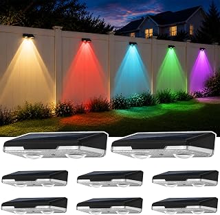 Solar Fence Lights Outdoor, 8 Pack Warm White & RGB 6 Color with RGB Breathing Light Mode, IP65 Waterproof LED Solar Powered Lights for Wall, Backyard, Railing, Step, Patio, Deck, Yard