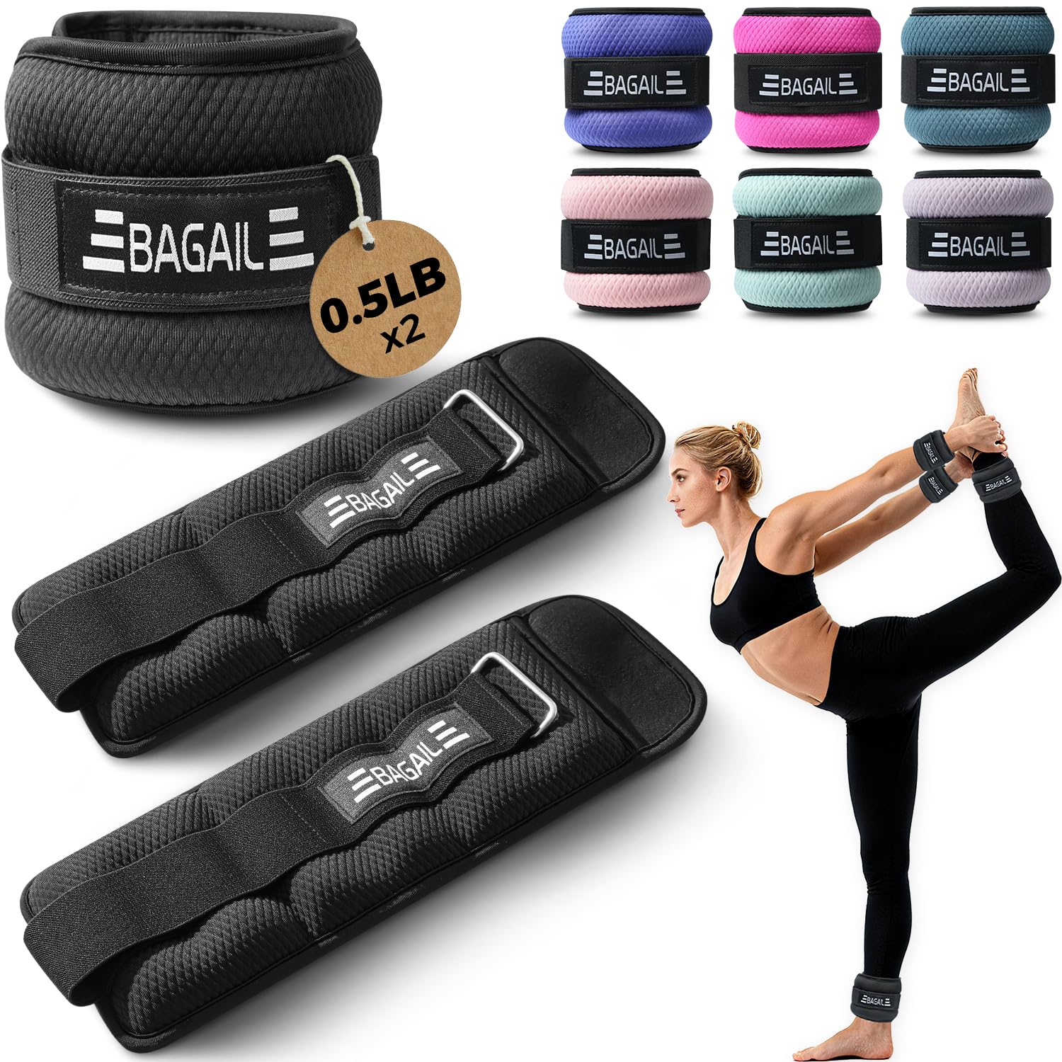 bagail ankle wrist weights for women & men, set of 2 (available in 0.5/1/2/3/4/5 lb each), wearable leg arm weights with sleek design & secure fit for walking, running, pilates, home fitness