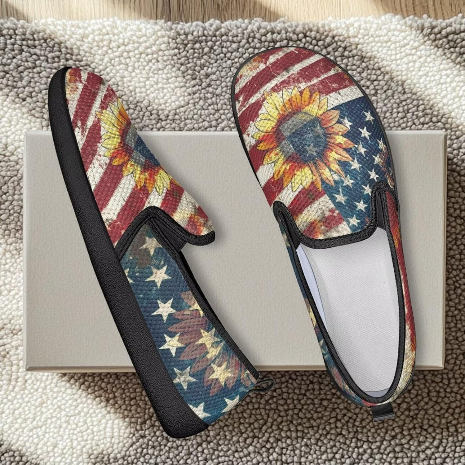 Jeiento American Flag Shoes Women's Slip-On Loafers Mesh Breathable Non Slip Lady Road Running Shoes Workout Sneakers
