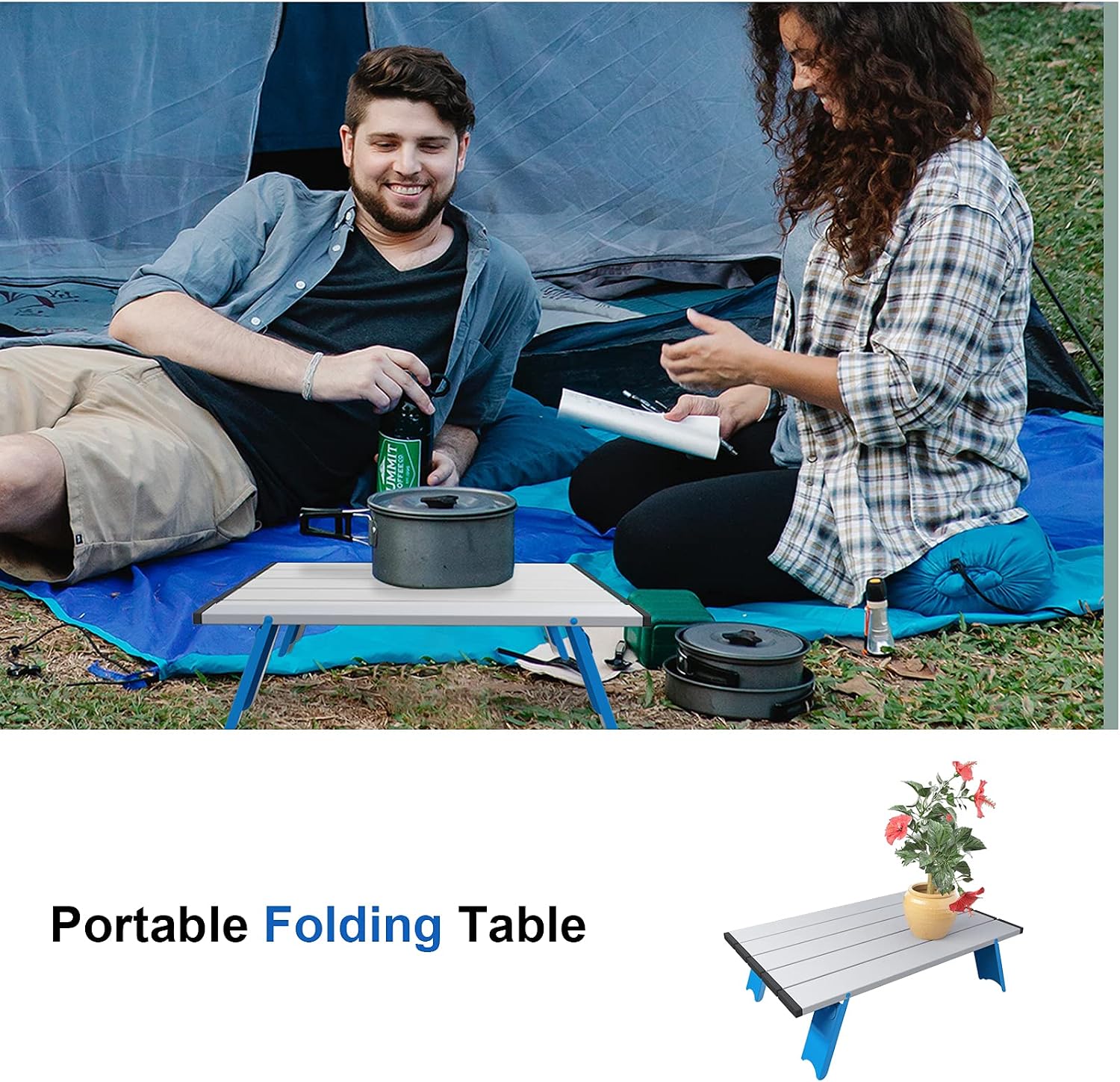 PORLAE Beach Table for Sand Foldable,Small Portable Camping Table ,Collapsible Compact Aluminum Tables with Carry Bag(Sliver-Blue)