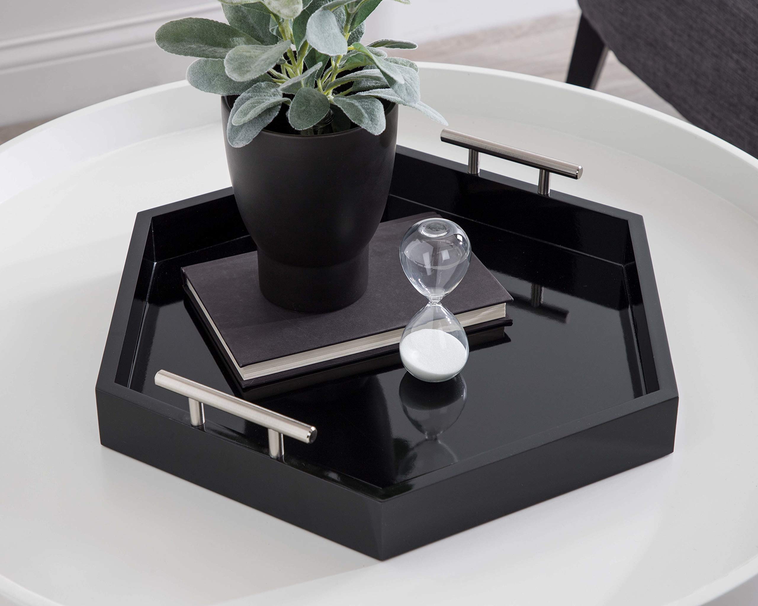 Kate and Laurel Lipton Modern Hexagon Tray, 18 x 18, Black and Silver, Decorative Tray for Storage and Display
