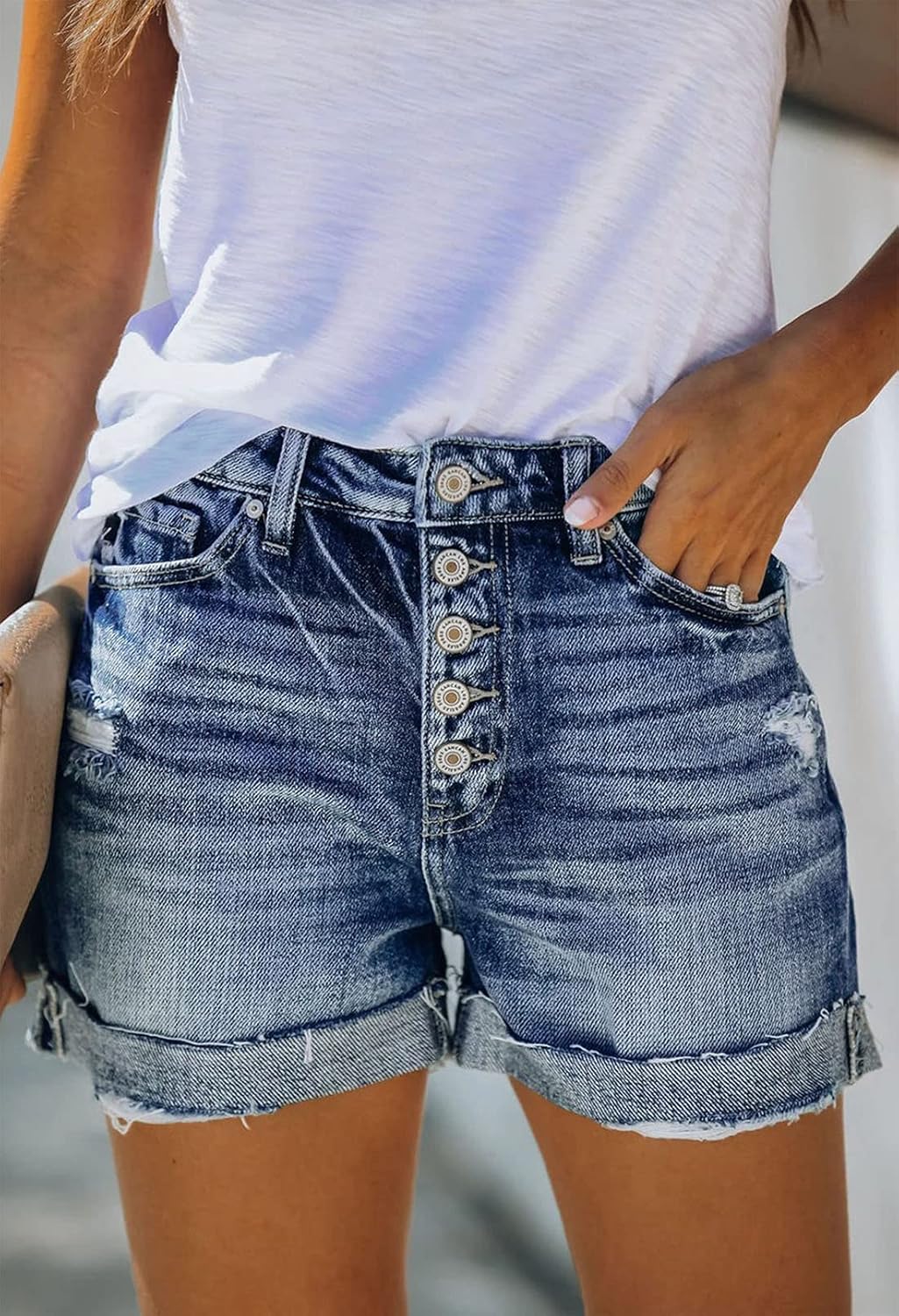 HUUSA Women's Ripped Denim Shorts High Waist Distressed Jean Shorts Casual Rolled Hem Frayed Short Jeans with Pockets - Image 4