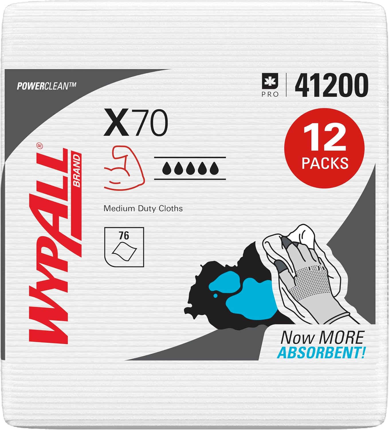 WypAll PowerClean X70 Cloths Medium Duty Wipes (41200), Quarterfold, Long Lasting Towels, White (12 Packs of 76 Sheets, 912 Sheet Total)
