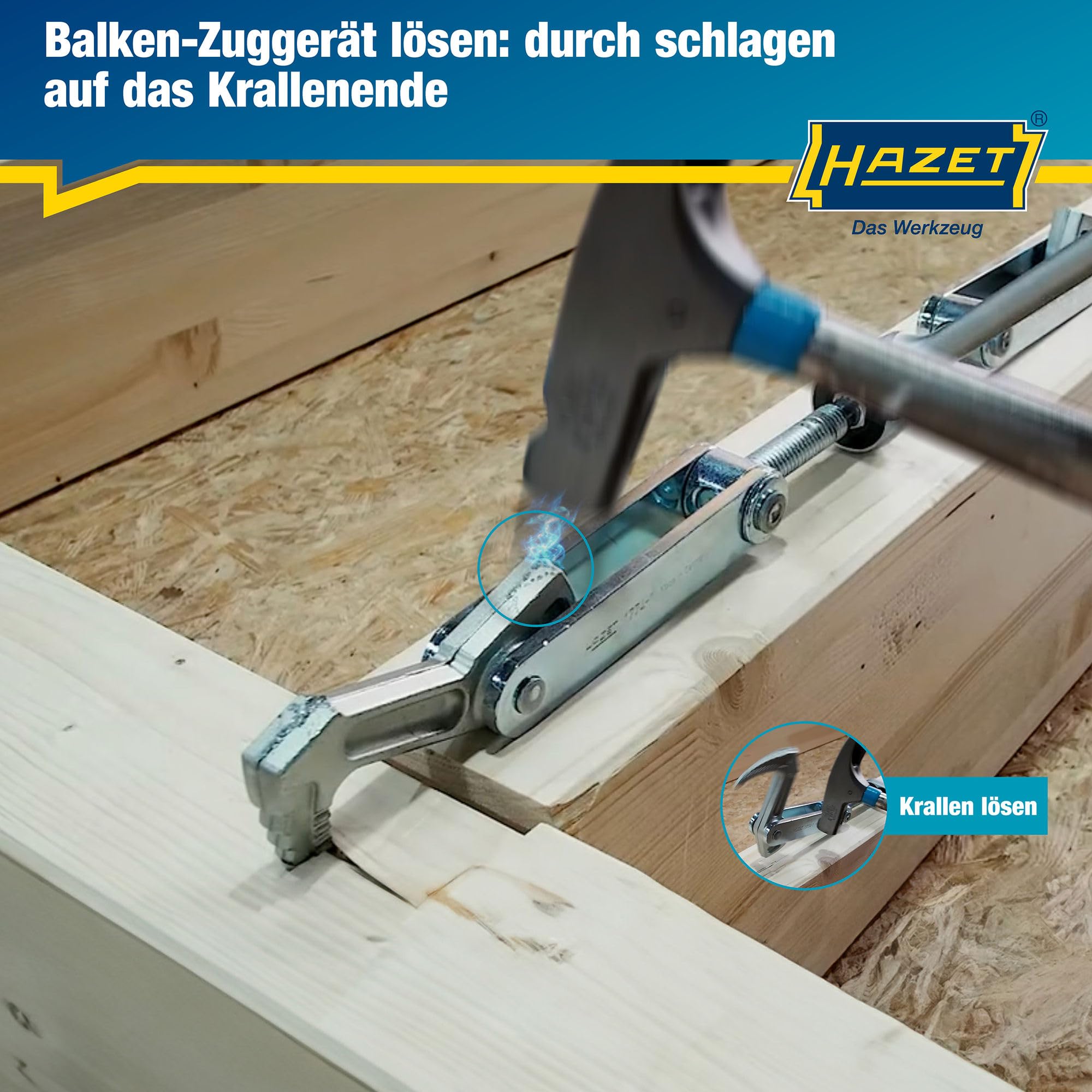 HAZET Balken-Zuggerät 1774-1 I Spannweg: 115 mm, Gesamtbreite: 440 mm, Knarrenlänge: 275 mm, Trapezgewinde TR 16 x 5 I zum Spannen, Ziehen und Zusammenpressen von Hölzern