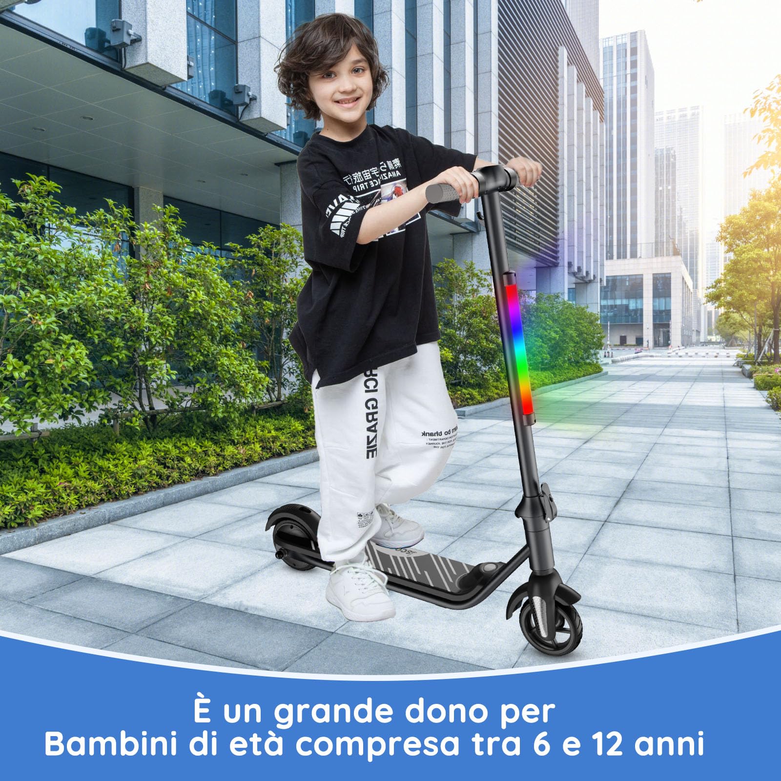Monopattino elettrico per bambini 6-12 anni, motore 80W, velocità 6/12 km/h, autonomia 8 km, capacità 50 kg, display LED & luci arcobaleno, monopattino pieghevole per bambini