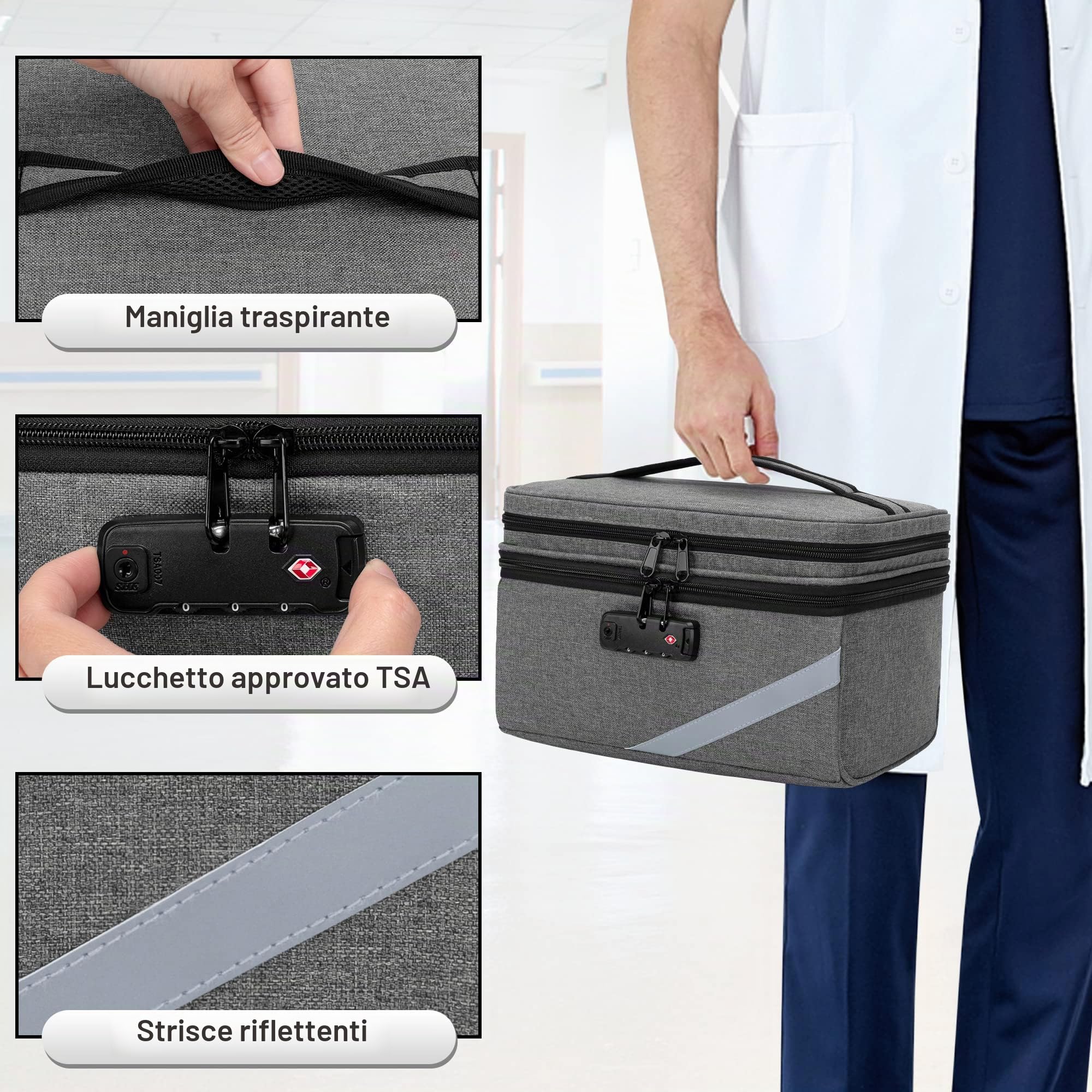 Trunab Borsa Medica Piccola con Lucchetto a Combinazione, Borsa da Viaggio Medica Chiudibile con Mini Custodia per Casa, Viaggio, Emergenza, Grigio (Borsa Vuota), Design Brevettato