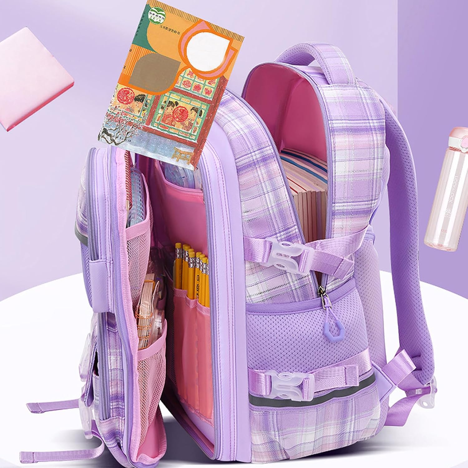 KEBEIXUAN Kids Backpack for Girls - Cute Kawaii Plaid School Bag for Elementary & Middle School (Blue) Plaid Blue image 5 of 7 B0CDGM8MWN