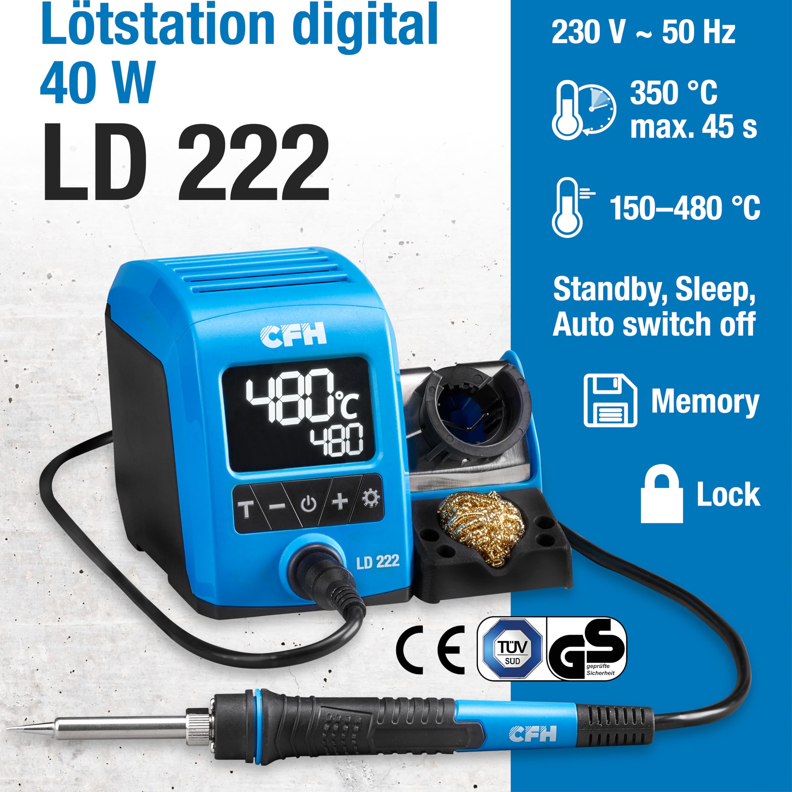 CFH Profesjonalna cyfrowa stacja lutownicza 40 W LD 222 – wyświetlacz LCD, regulacja temperatury 150-480°C, szybkie nagrzewanie, uchwyt do lutownicy dla lewo/praworęcznych, wymienna końcówka