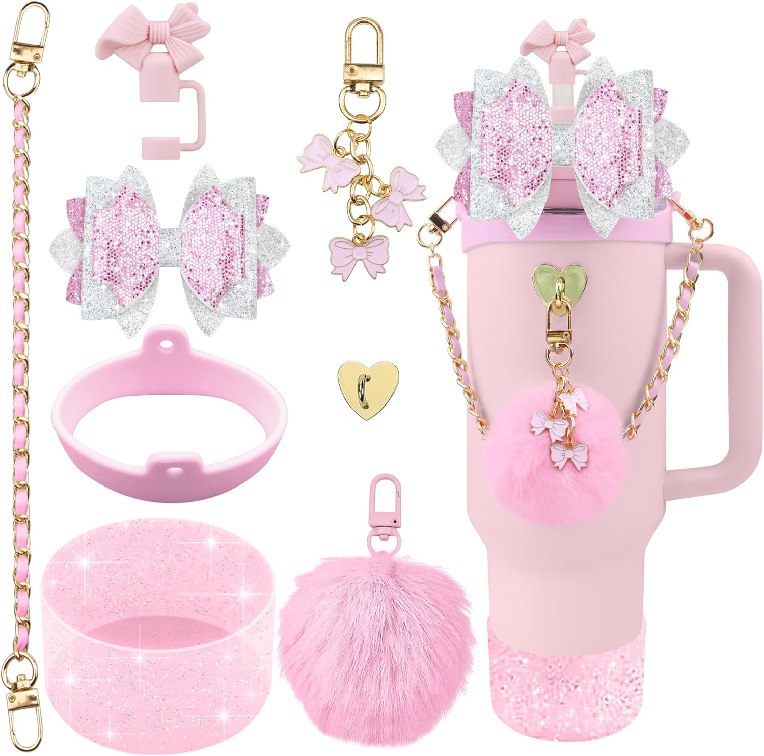 Bling Accessories for Stanley Cup 40oz & 30oz Tumbler Including Silicone Cute Bow Straw Topper Cover, Silicone Boot for Stanley Cup,Leather Water Bottle Handle Strap, Charms(Cherry Blossom)
