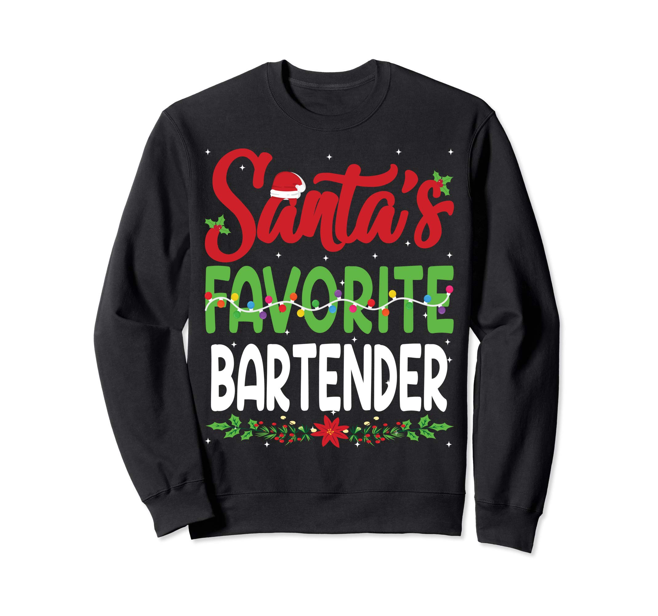 Santa's Favourite Bartender Christmas Santa Hat Lights Sweatshirt, Black
