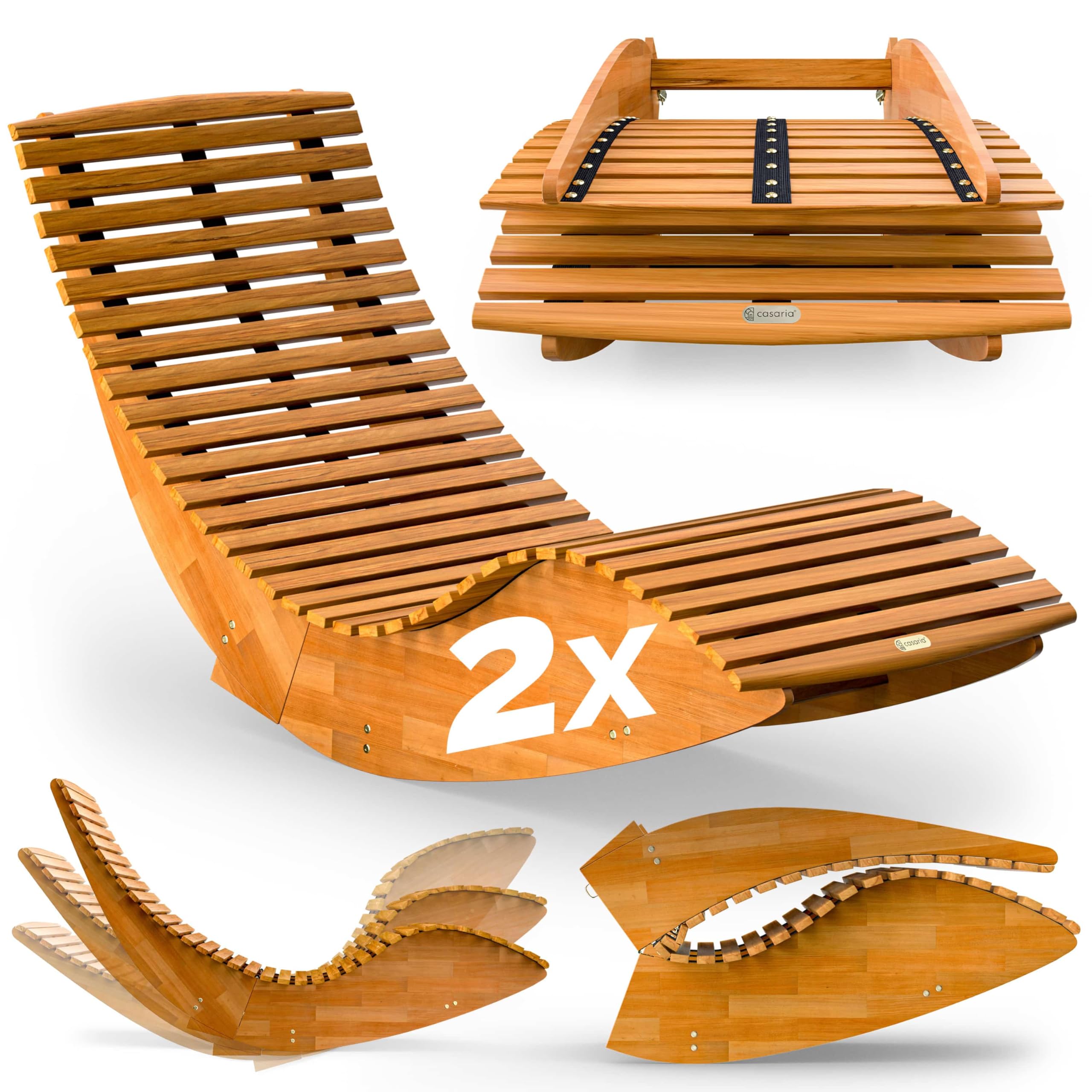 Casaria® 2X Chaise Longue à Bascule Pliable en Bois d'acacia certifié FSC Transat Ergonomique Bain de Soleil Jardin Sauna