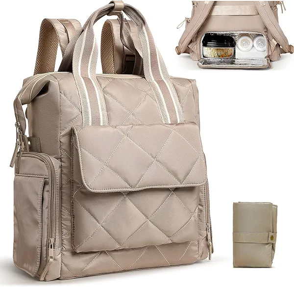 Omanmoli Diaper Bag Backpack Quilted Baby Diaper Bag Pañaleras Para Bebe Breast Pump Backpack for Working Moms with 11 Pouches,Large Insulated Cooler Compartment,Stroller Straps,Changing Pad,Khaki