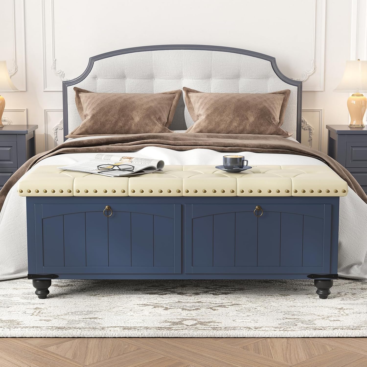 Maupvit Ottoman with Storage, Wooden Storage Ottoman Bench with Safety Hinge, Upholstered Entryway Bench with Cushioned Seat, Bench Bedroom Bench for Living Room, Entryway, Blue