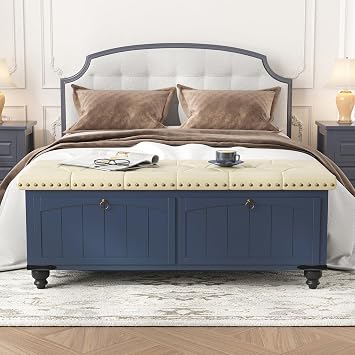 Maupvit Ottoman with Storage, Wooden Storage Ottoman Bench with Hinge | Upholstered Entryway Bench with Cushioned Seat, Bench Bedroom Bench for Living Room, Entryway, Blue
