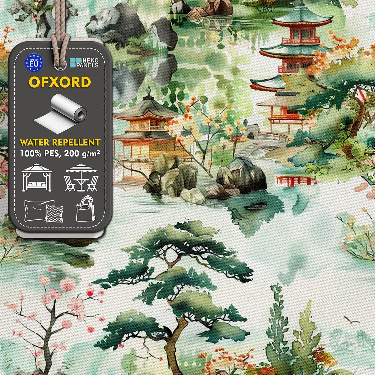 HEKO PANELS Tela Oxford impermeable primavera pagodas acuarela 5 metros 155