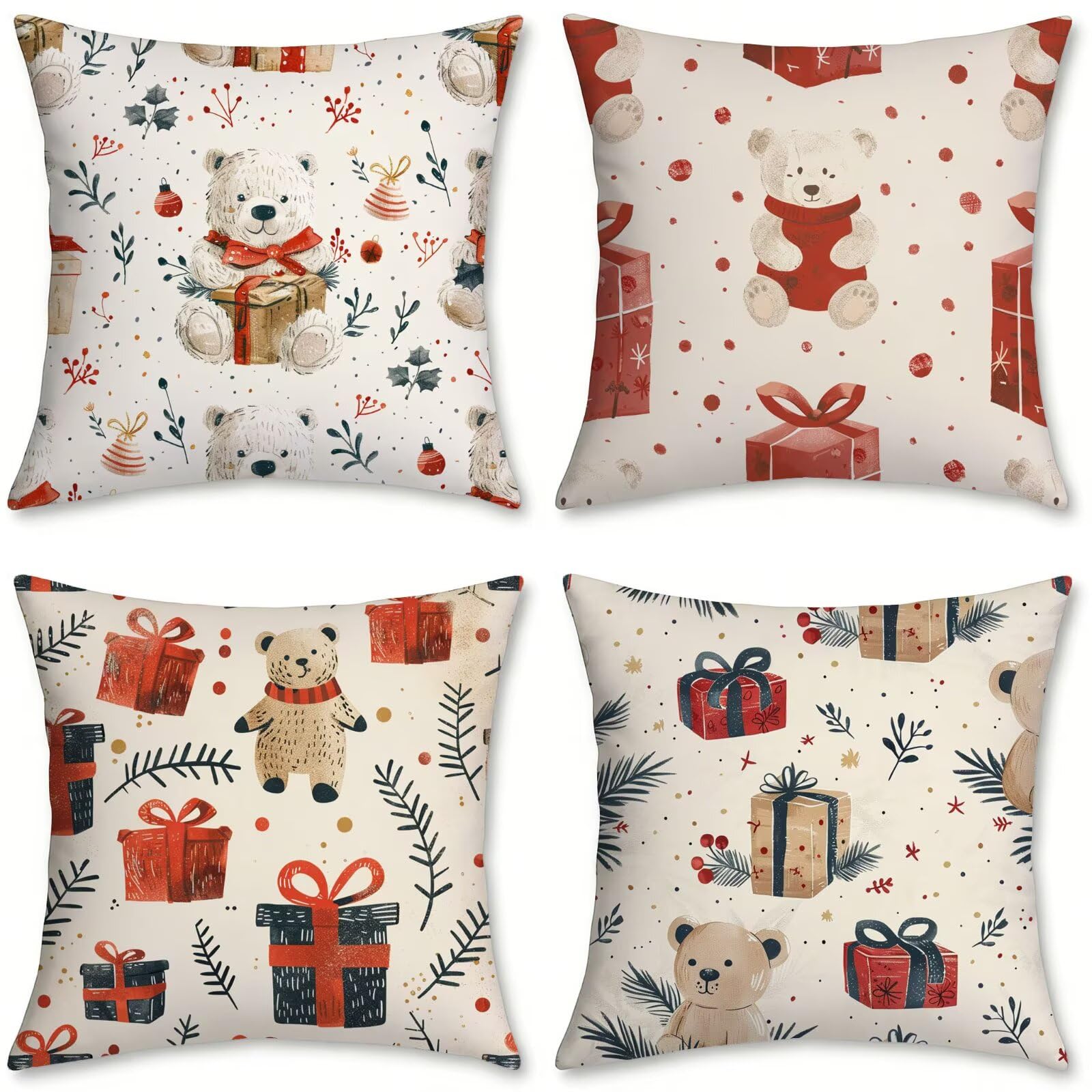 Lot de 4 housses de coussin imperméables 70x70cm en velours rouge lavables pour extérieur