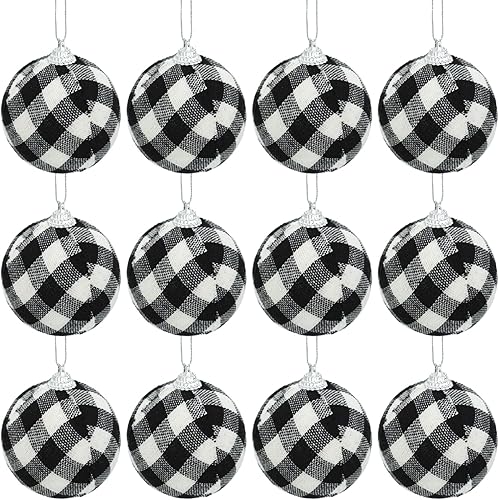 12 bolas de Navidad de tela de búfalo a cuadros de 3.2 pulgadas3.150 in, adornos colgantes de Navidad, adornos decorativos para colgar en el árbol