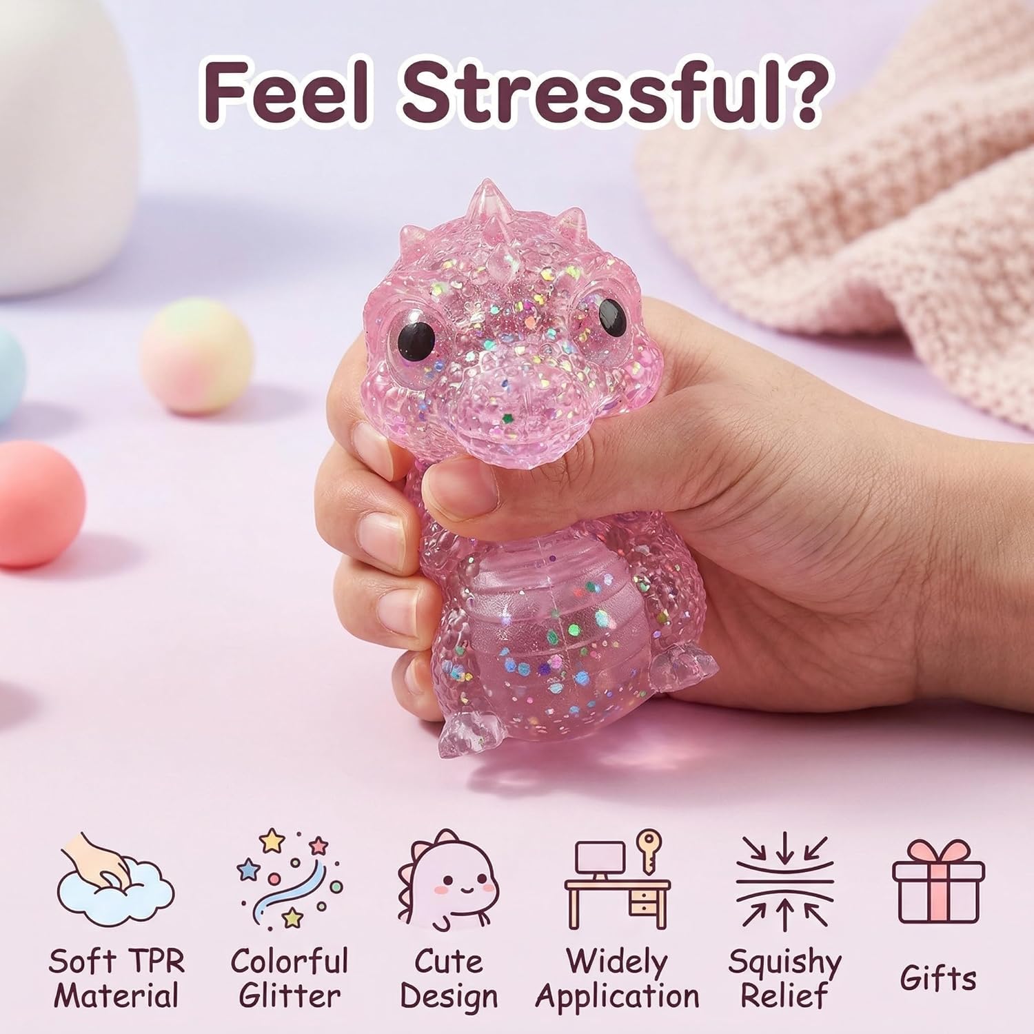 Squishy Stress Relief Animal Toys - 4pcs Colorful Glitter Fidget Toys, Cute Soft Squeeze Toys, Moldable Sensory Toy for Adult, Kids, Party Favors Anxiety Relief Squishy Toys(Dinosaur)