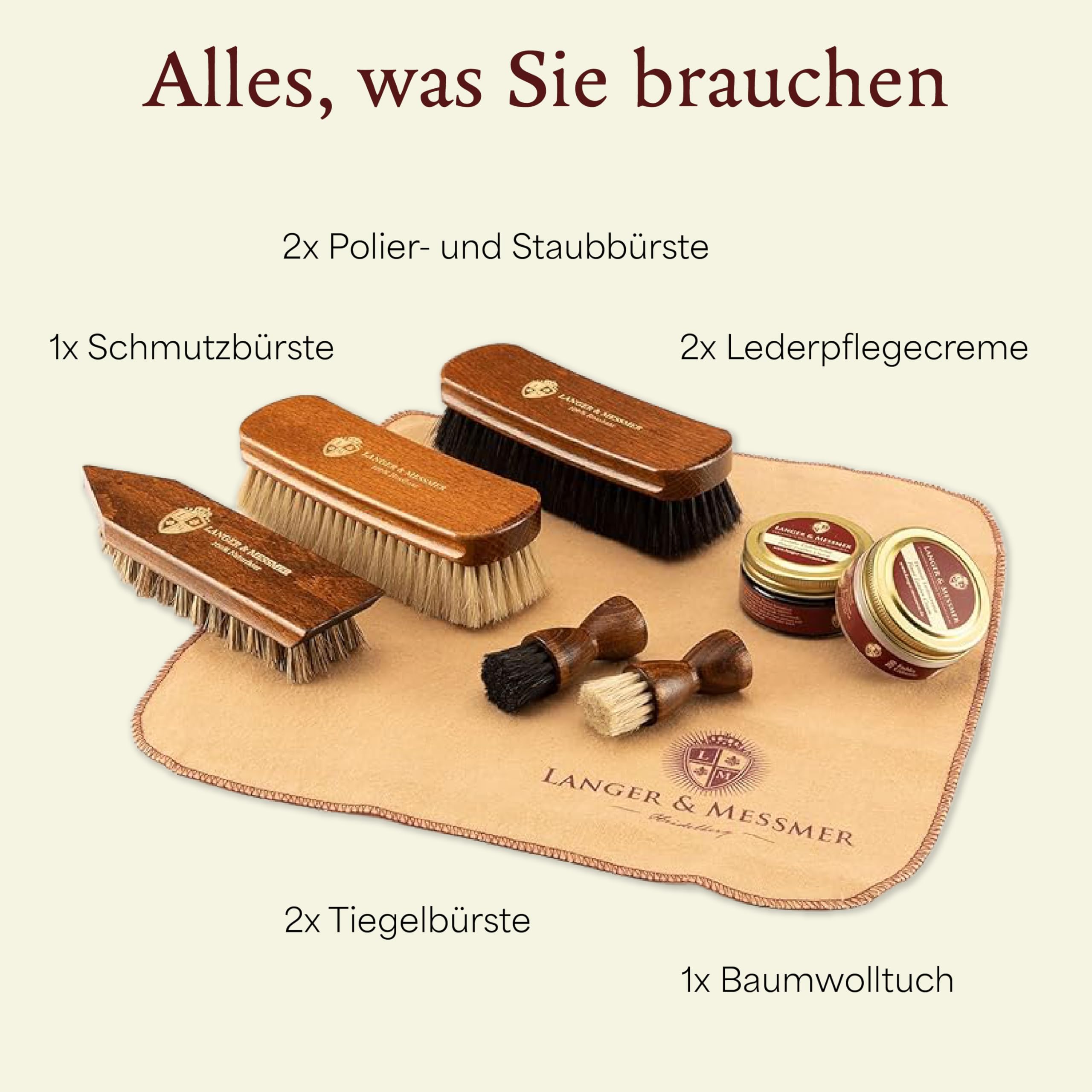 Langer & Messmer Schuhpflegeset inkl. hochwertigen Lederpflegecremes und Rosshaarbürsten zur effektiven Pflege Ihrer Glattlederschuhe - Das Schuhputzset für die professionelle Schuhpflege