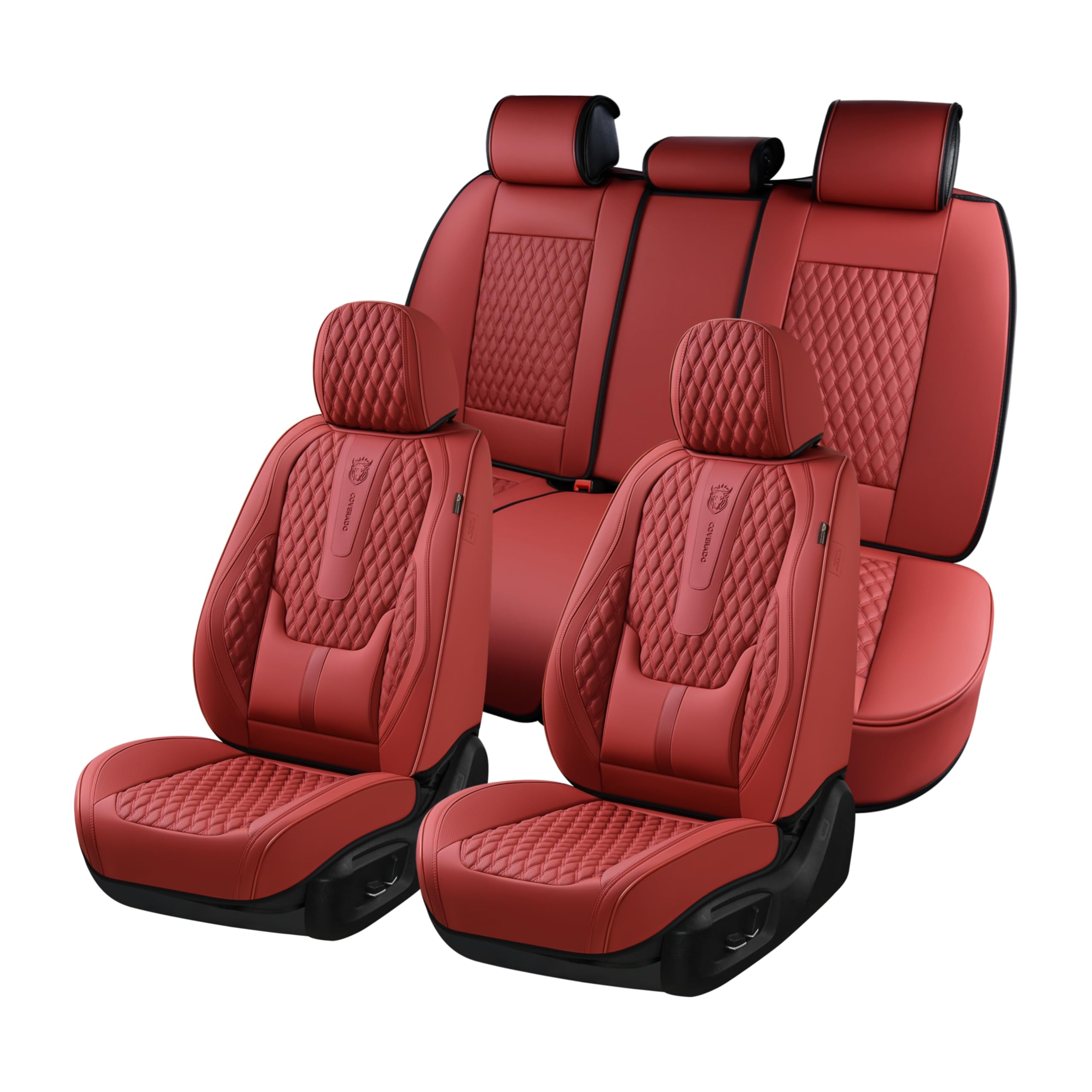 Coverado Car Seat Covers Full Set, Red Seat Covers for Car with Lumbar Support, Nappa Leather Seat Covers Waterproof Car Seat Protectors Universal Fit for Most Cars SUV Trucks