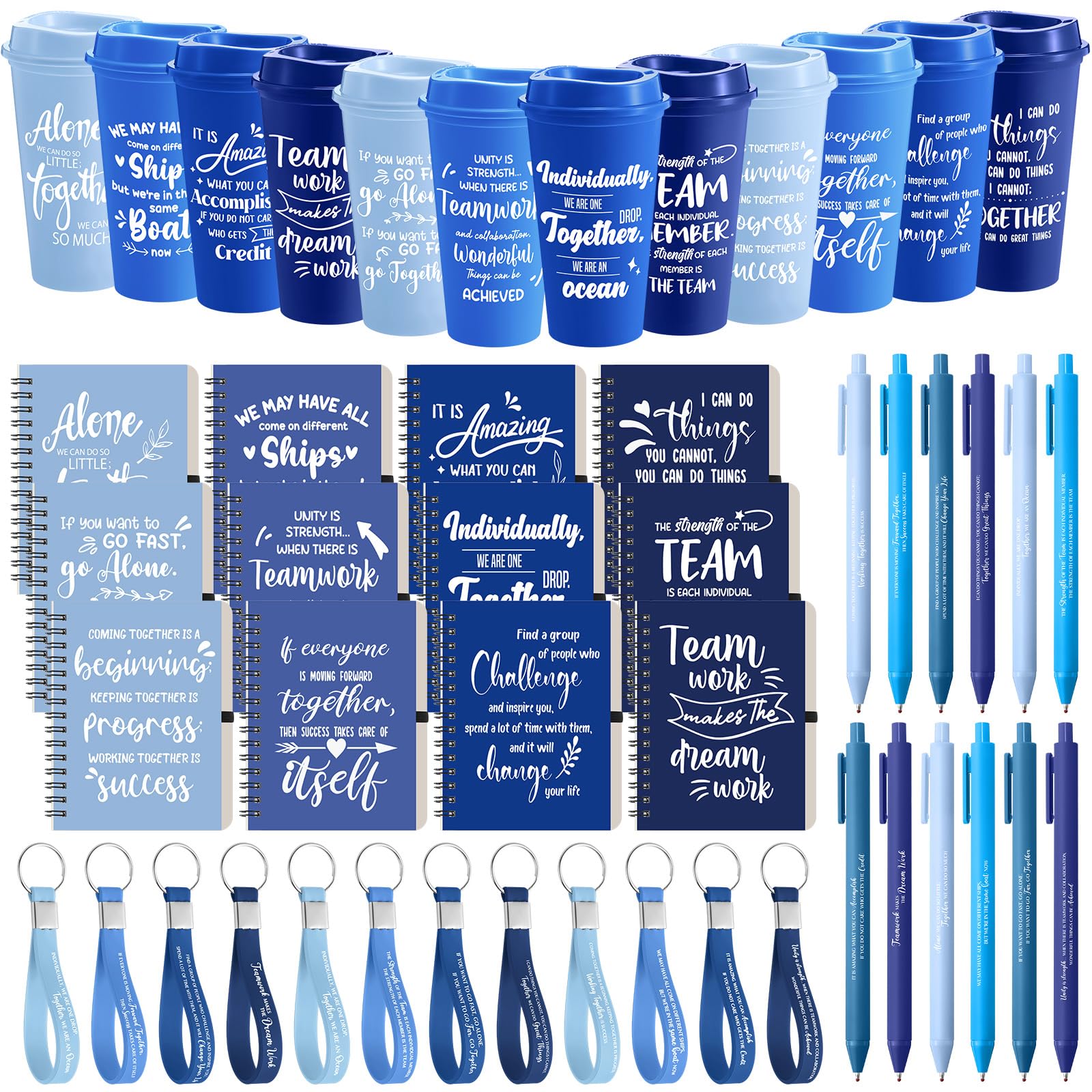 Skylety 12 Set/48 Pcs Team Appreciation Gift Set Inspirational Employee Appreciation Gift Bulk 16 oz Coffee Cups with Team Notebook Pen Keychains for Staff Teacher (Blue Color)