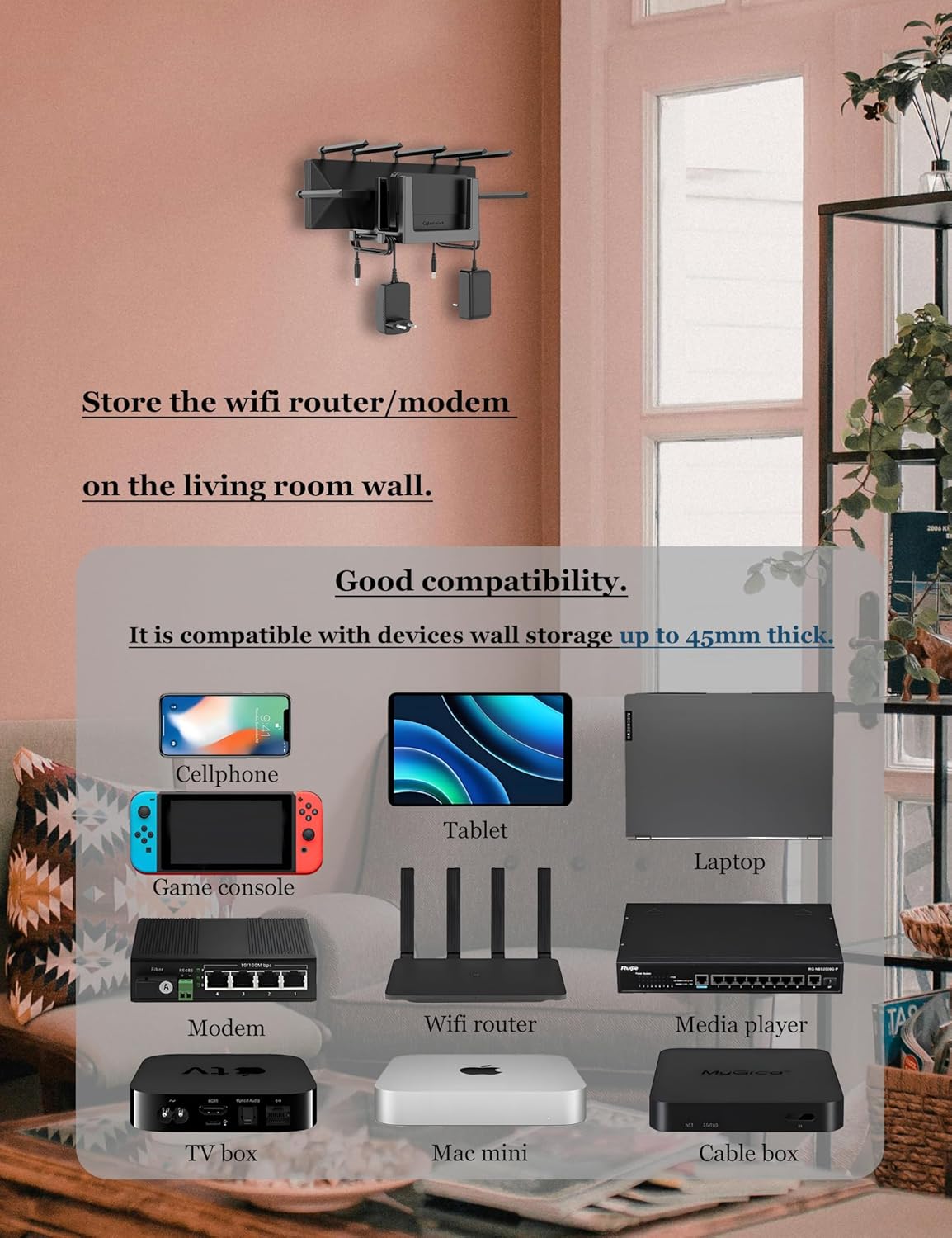 Wall Mount Shelf for WiFi Router, Modem, TV Box, Universal Cable Box Shelf Compatible with Laptop, Cellphone, Tablet, and Other Devices with Thickness Up to 45 mm (Black) - Image 5