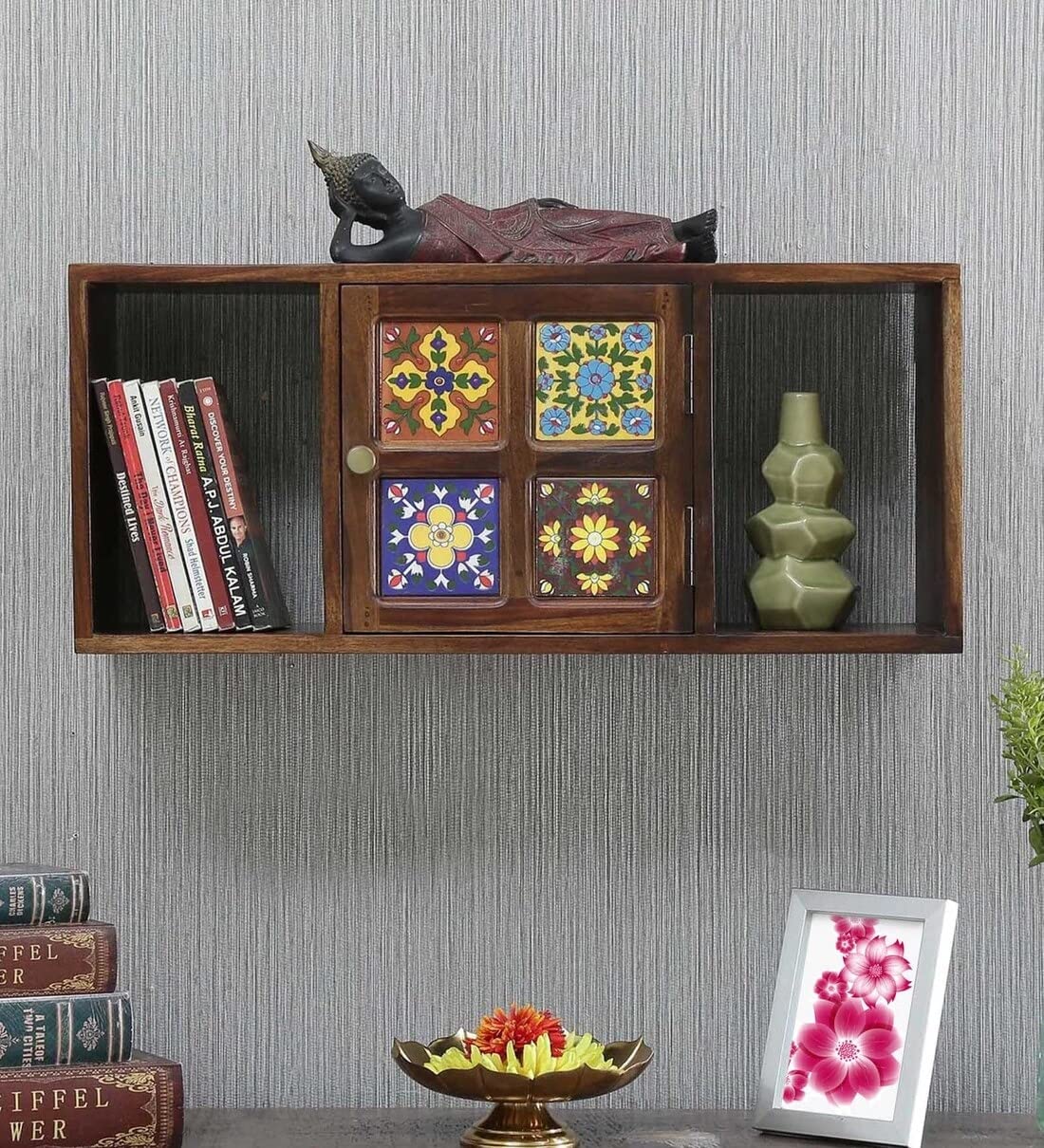 wooden book shelf for home library with door | wall mount book storage rack stand for study, kids, living room with rajasthani design (29.812 inch, walnut finish)