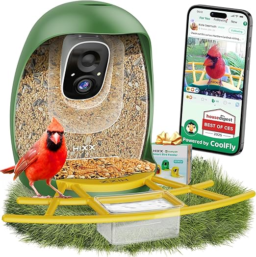 HIXX Smart Bird Feeder with Camera, Lifetime Free AI Identify Birds & Auto Capture, 2K HD Live Camera Birdwatching with Color Night Vision for Bird Lovers Gifts (Green)