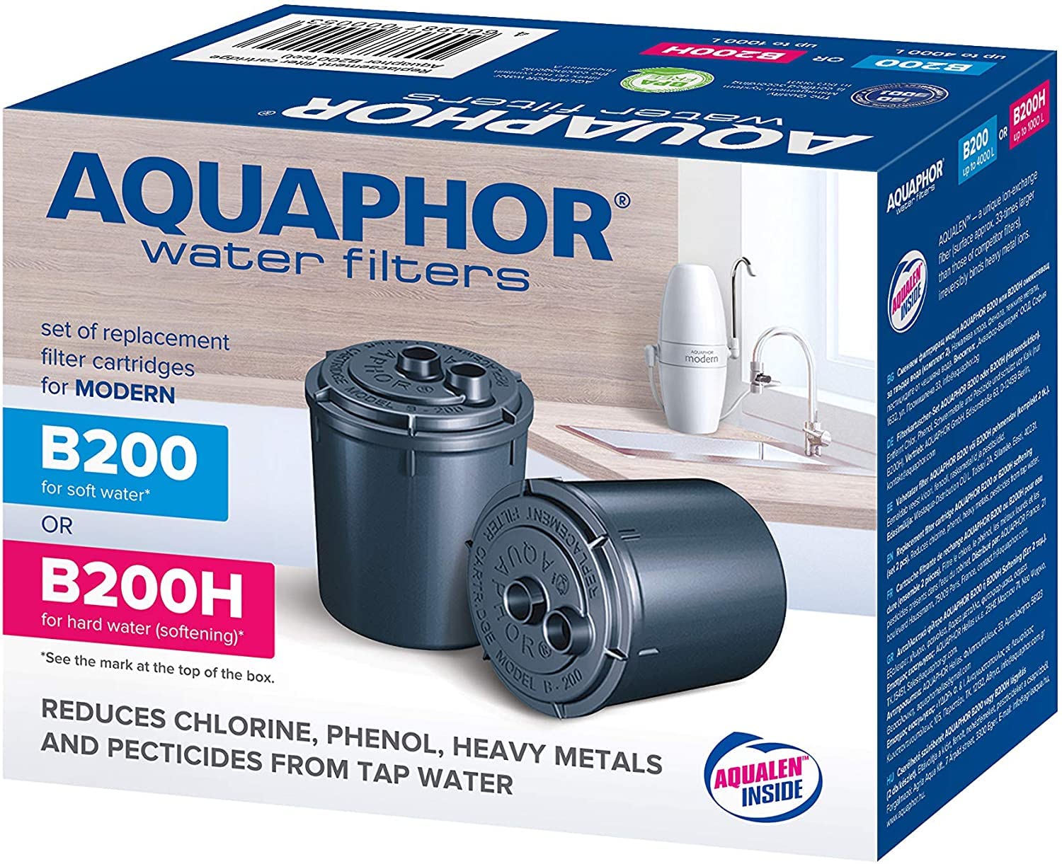 Aquaphor B200 Juego de dos cartuchos de repuesto originales para filtro de agua grifo "Aquaphor Modern" para agua dulce normal