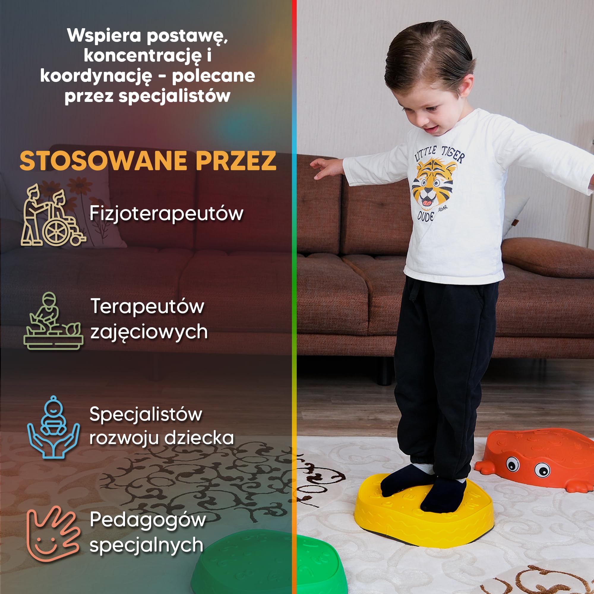Kamienie do balansowania dla dzieci, antypoślizgowy tor przeszkód, 5 szt. | Od 3 lat, wypukłe motywy do nauki przez dotyk, spód TPE na parkiet i panele, udźwig 80 kg, 5 rozmiarów, do domu i ogrodu