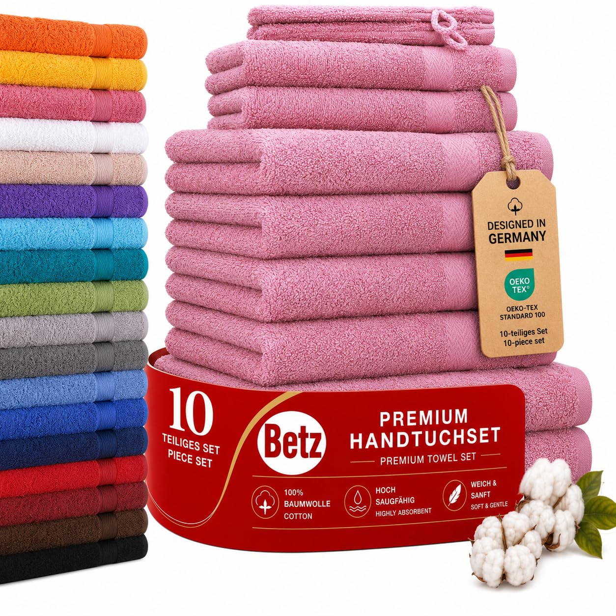 Betz Premium Handtuch-Set mit 10 Teilen – 100% Baumwolle, 4 Handtücher 50 x 100 cm, 2 große Duschtücher 70x140 cm, 2 Gästetücher 30 x 50 cm, 2 Waschhandschuhe, Altrosa