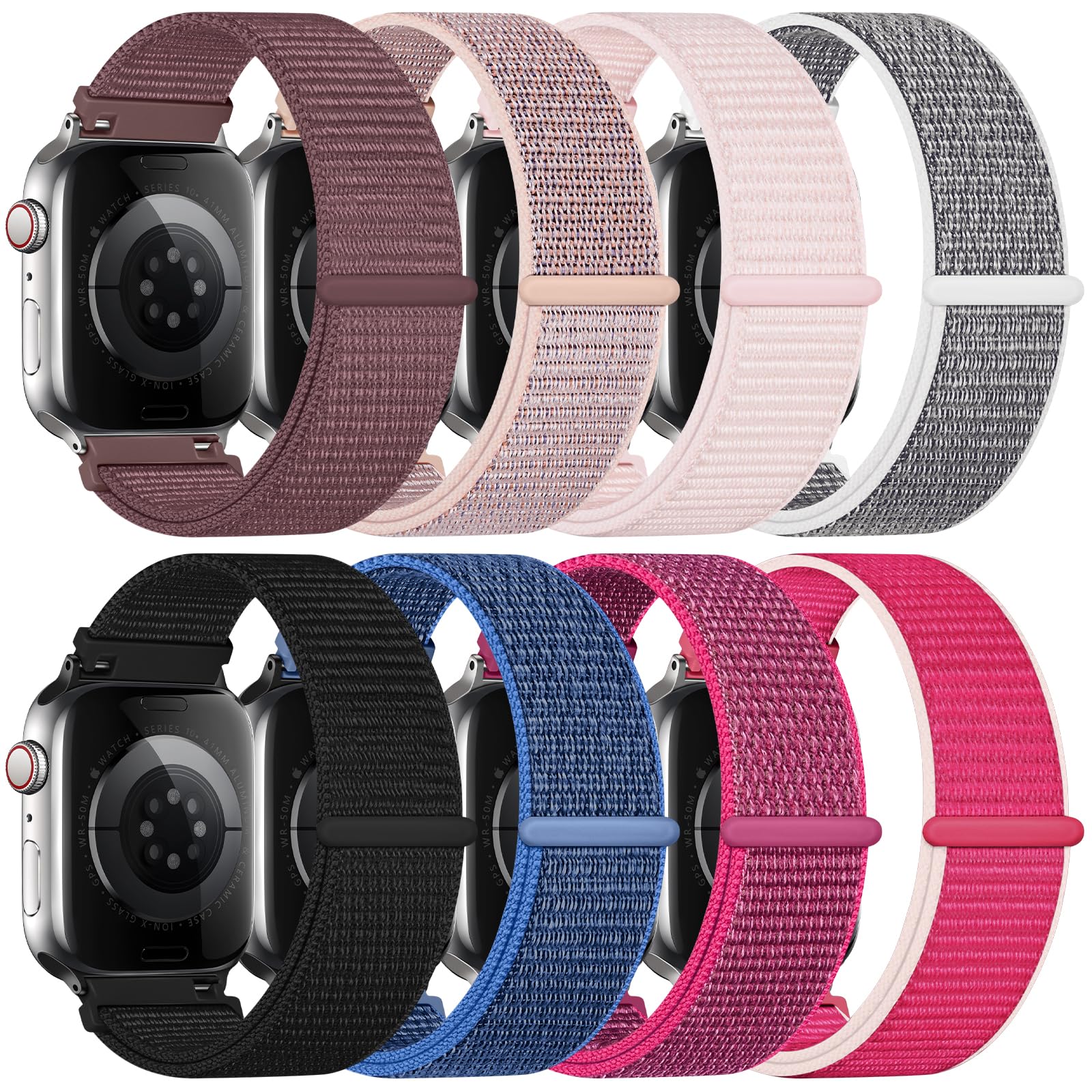 8 Pack Nylon Sport Loop Band Compatible with Apple Watch Band 38mm 40mm 41mm 42mm 44mm 45mm 46mm 49mm - Soft Breathable Replacement Straps for iWatch