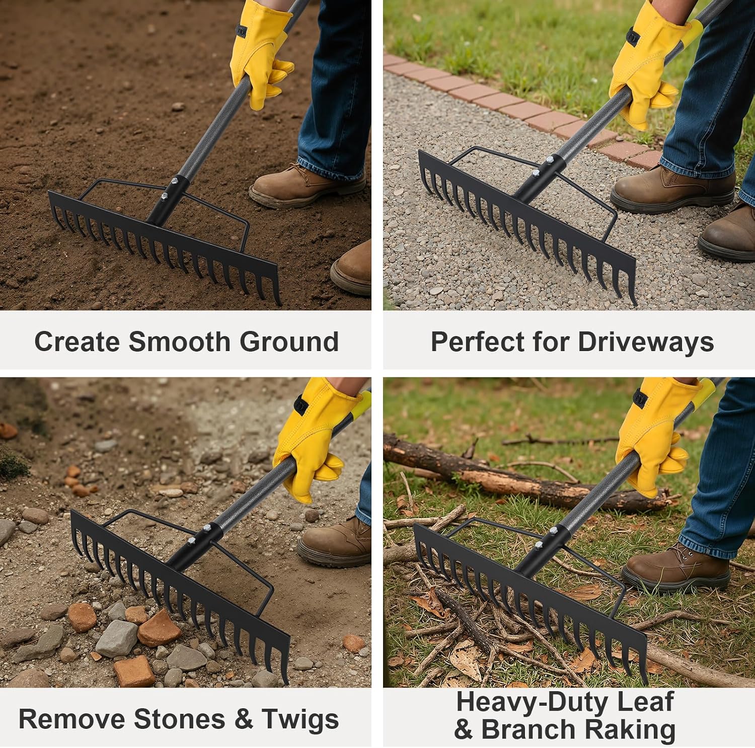 Heavy-Duty 17” Metal Bow Rake w/ XL Cowhide Gloves – Adjustable 65” Steel Handle for Yard, Garden, Landscaping, Gravel, Mulch & Leaf Cleanup