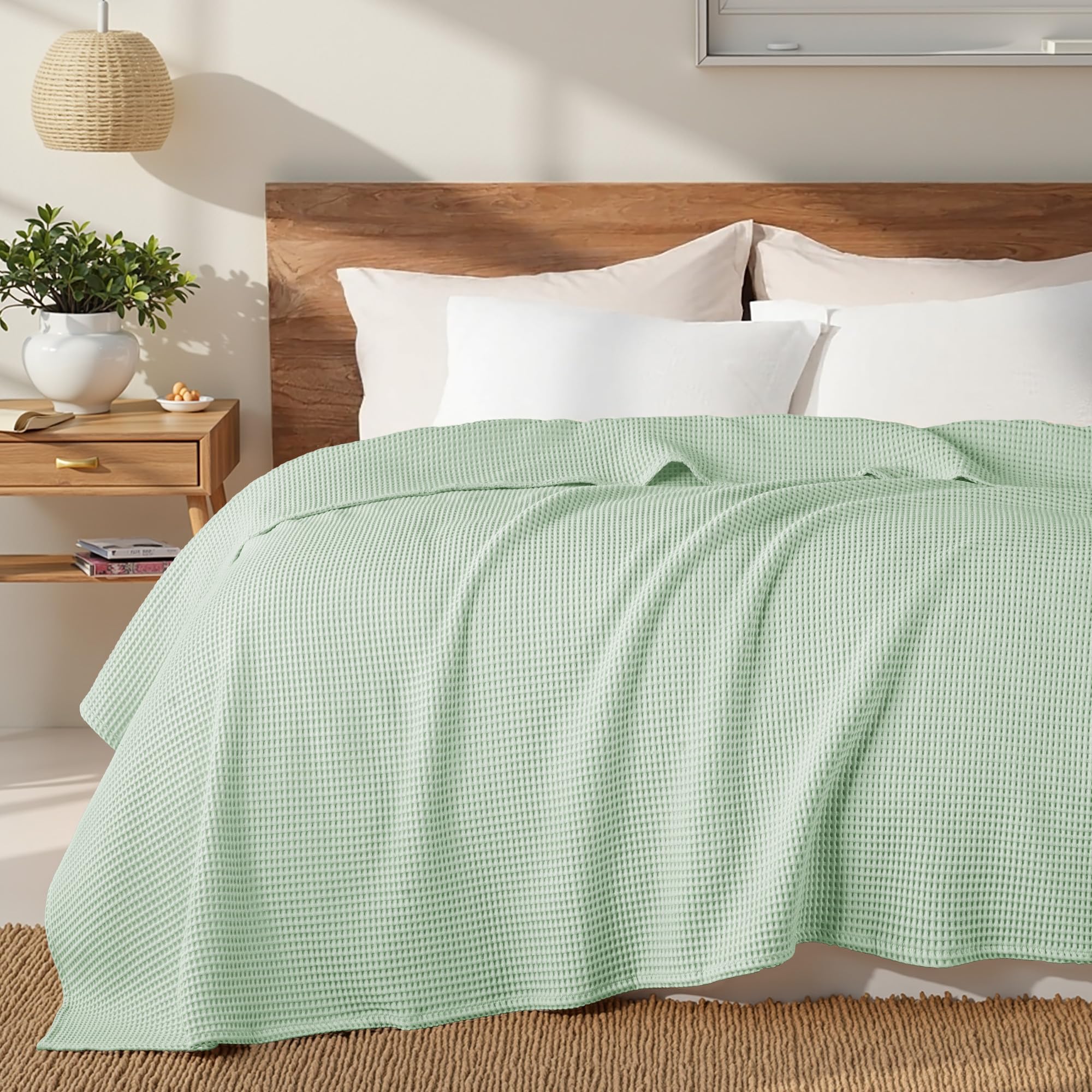 Exclusivo Mezcla Coperta in Puro Cotone 100%, Coperta Trama Waffle come Copriletto, Morbida Leggera e Traspirante, Copripiumino per Divano e Letto, Tutte le Stagioni, 230x270 CM, Verde Salvia