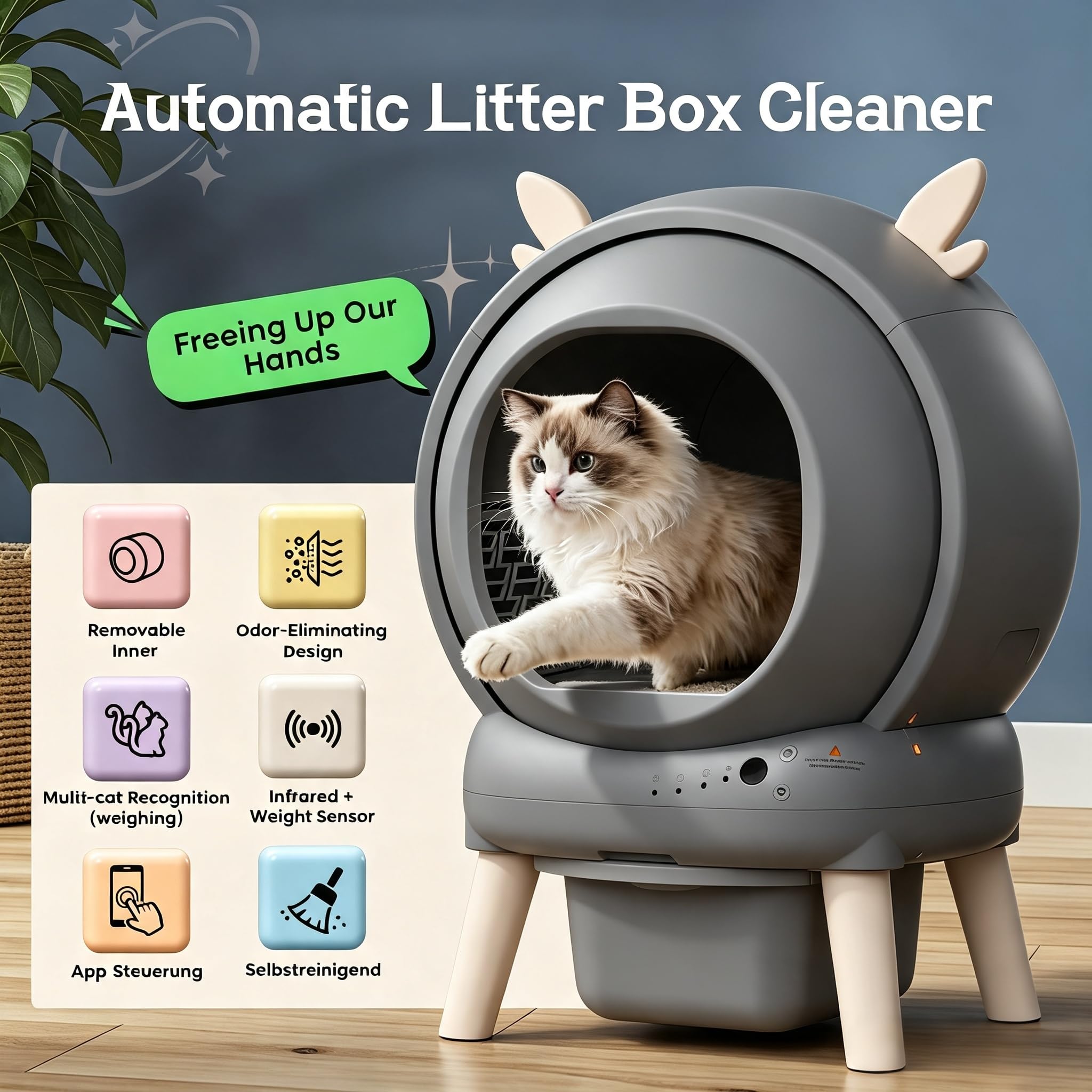Lettiera Gatto Autopulente, Lettiera Autopulente per Gatti XXL 65 L con Controllo App, Antiodore, 9 Sensori di sicurezza e Anti-pizzicamento, per Più Gatti con Sacchetto