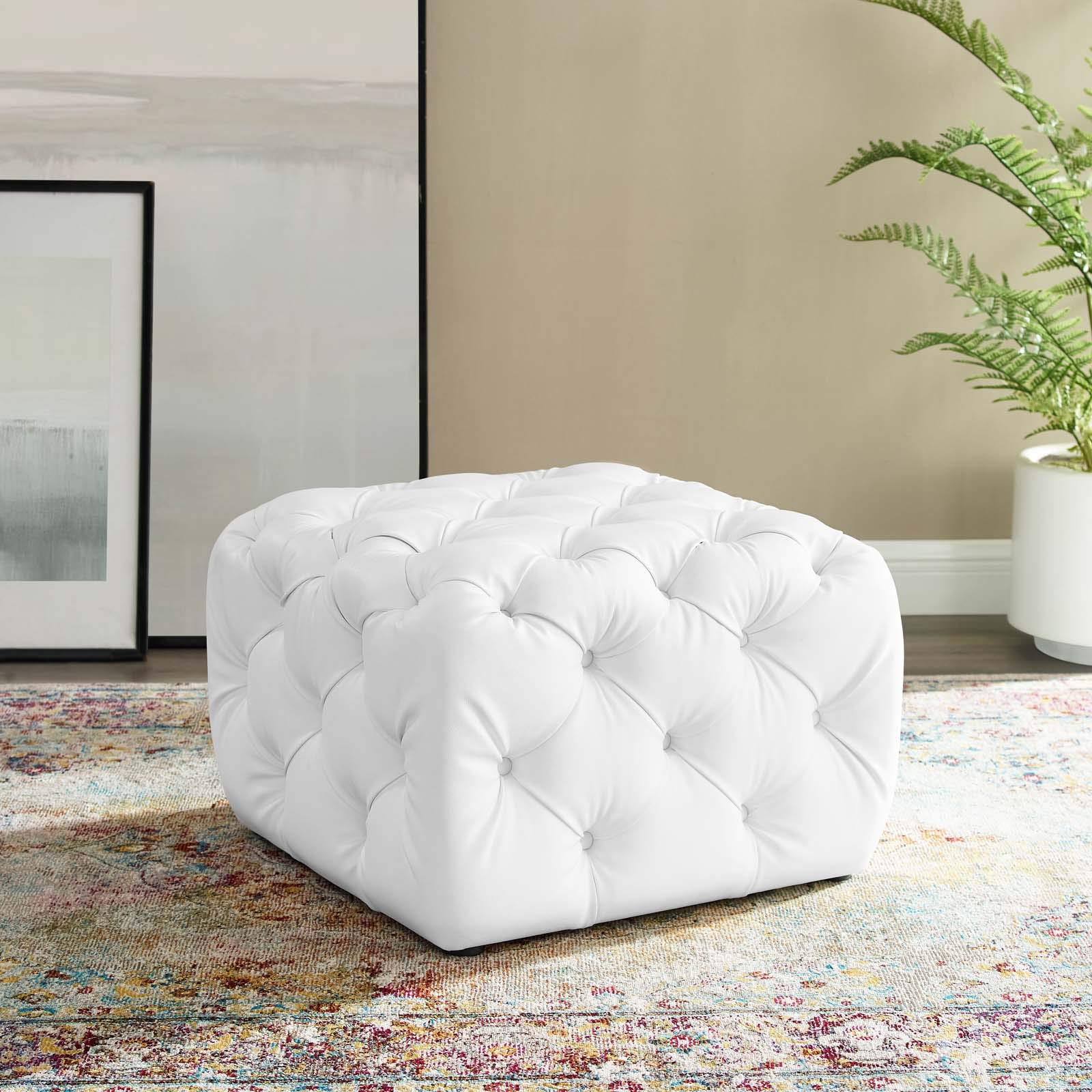 Modway Amour Tufted Vegan Leather Square Upholstered Ottoman in White