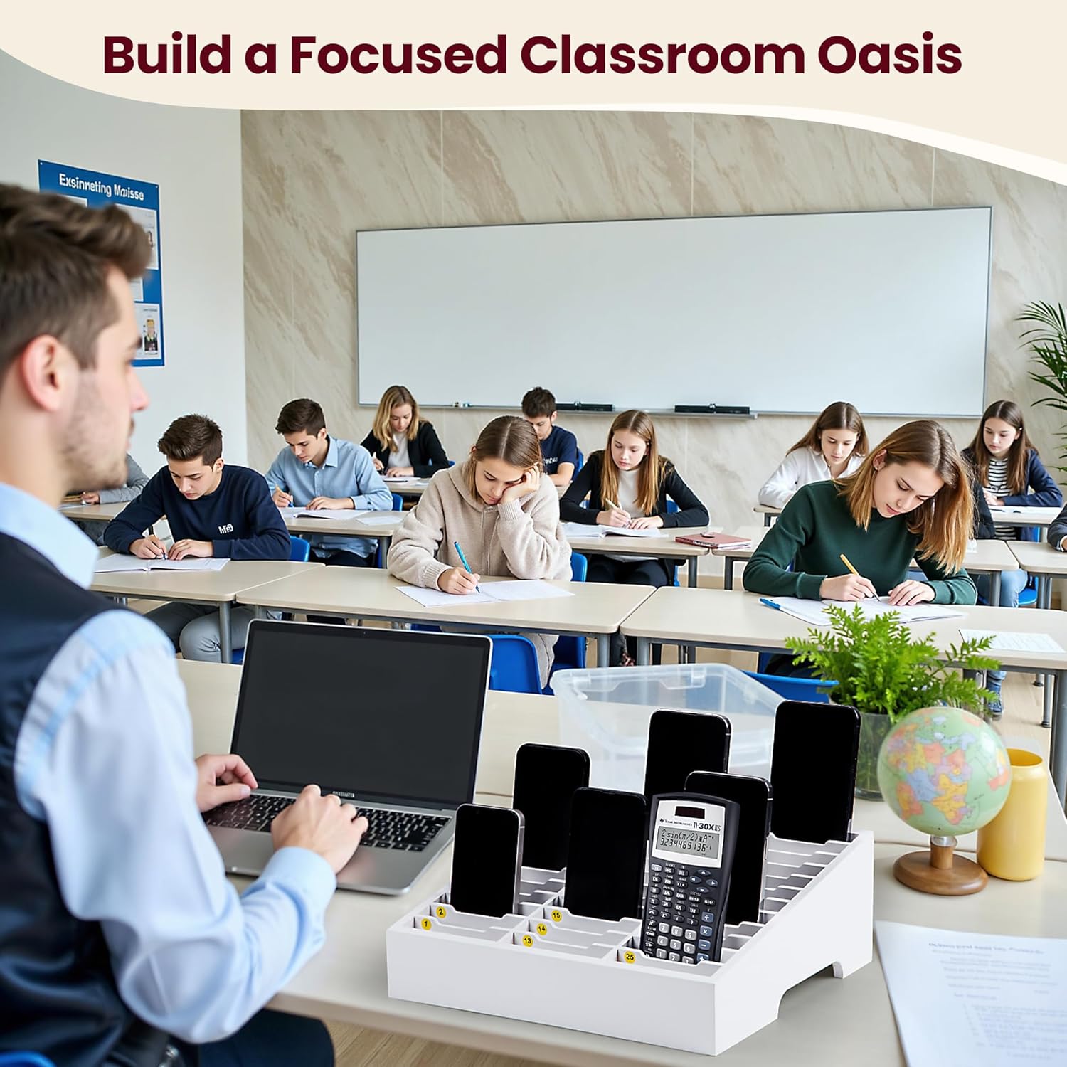 Classroom Cell Phone Holder, Fully Assembled 36 Grid Cellphone Storage Box for Students Management, Wooden Calculator Phone Organizer Caddy for School Office
