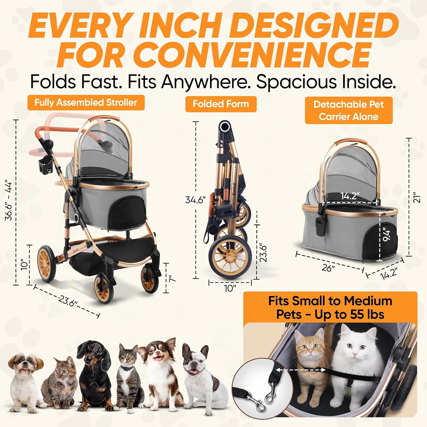 Evertail Dog Stroller for Small Dogs & Cats – 3-in-1 Pet Stroller with Detachable Carrier & Car Seat, Foldable Cat Stroller for 2 Cats or Medium Dogs up to 55 lbs, Rubber Wheels & Shock Absorbers