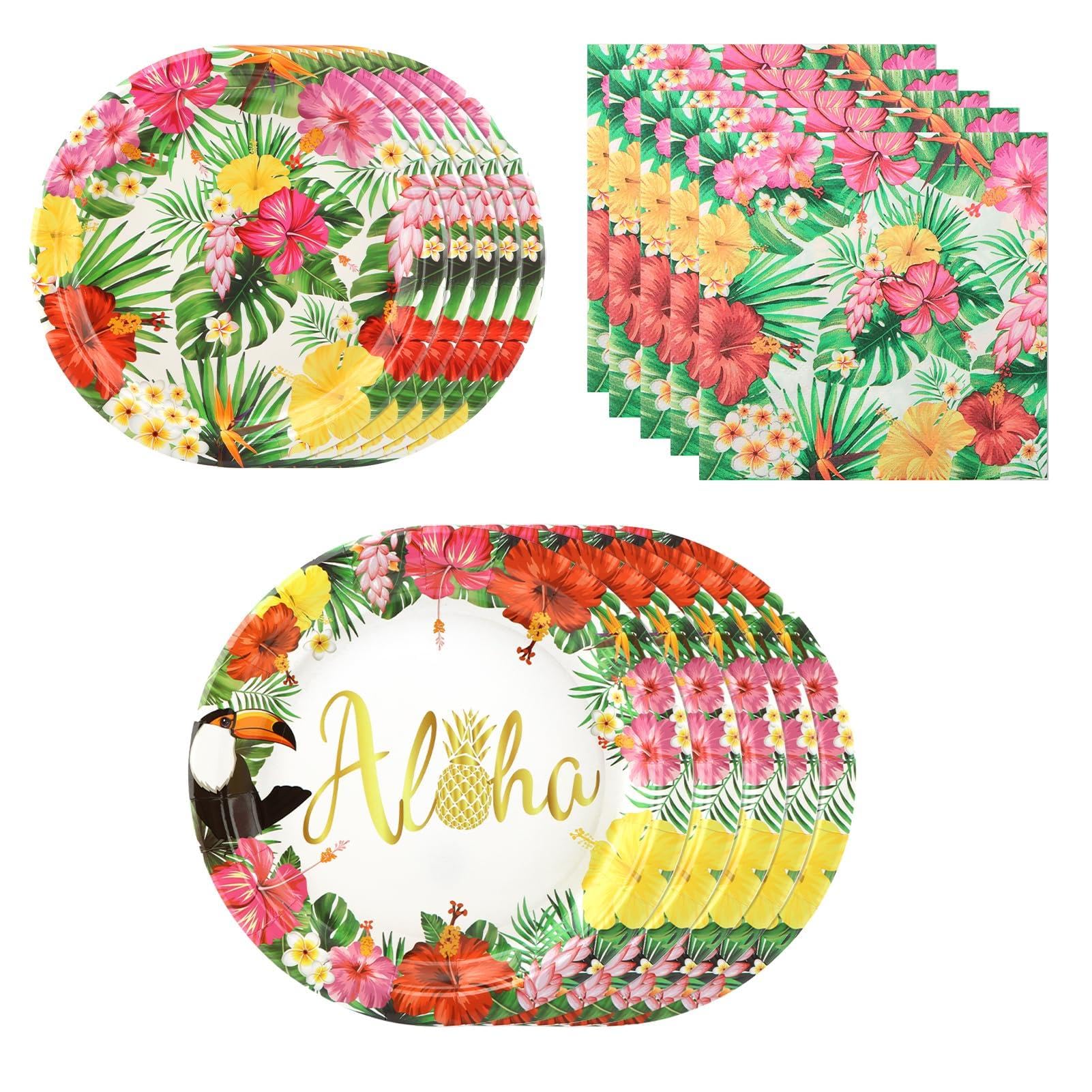 Tropical Luau Party Supplies Kit for 24 Guests, 72Pcs 9Inch & 7Inch Disposable Paper Plates and Napkins, Hawaiian Decorations for Hibiscus Luau