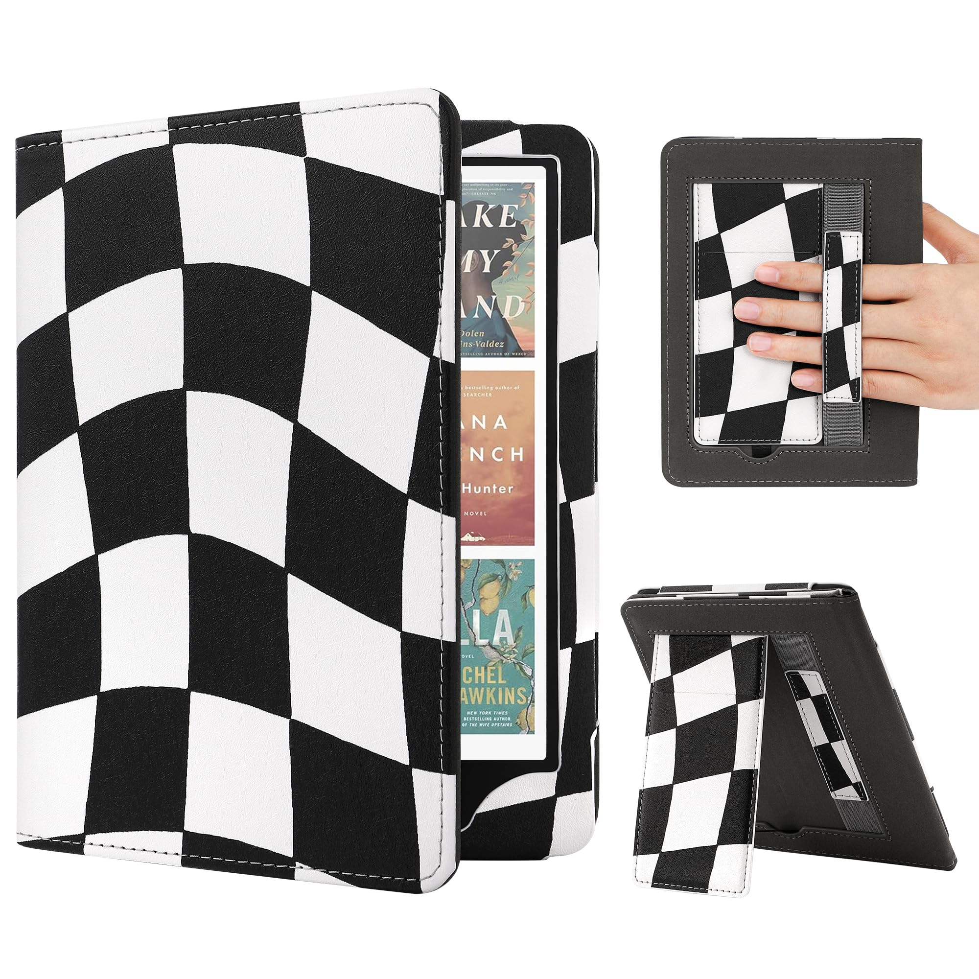 Stand Case for 7"/6.8" Kindle Paperwhite (12th/11th Generation-2024/2021) and Kindle Colorsoft Signature Edition, Slim PU Case with Auto Wake/Sleep & Hand Strap, Black and White Checkerboard Black and White Checkerboard 7"/6.8" e-book-reader