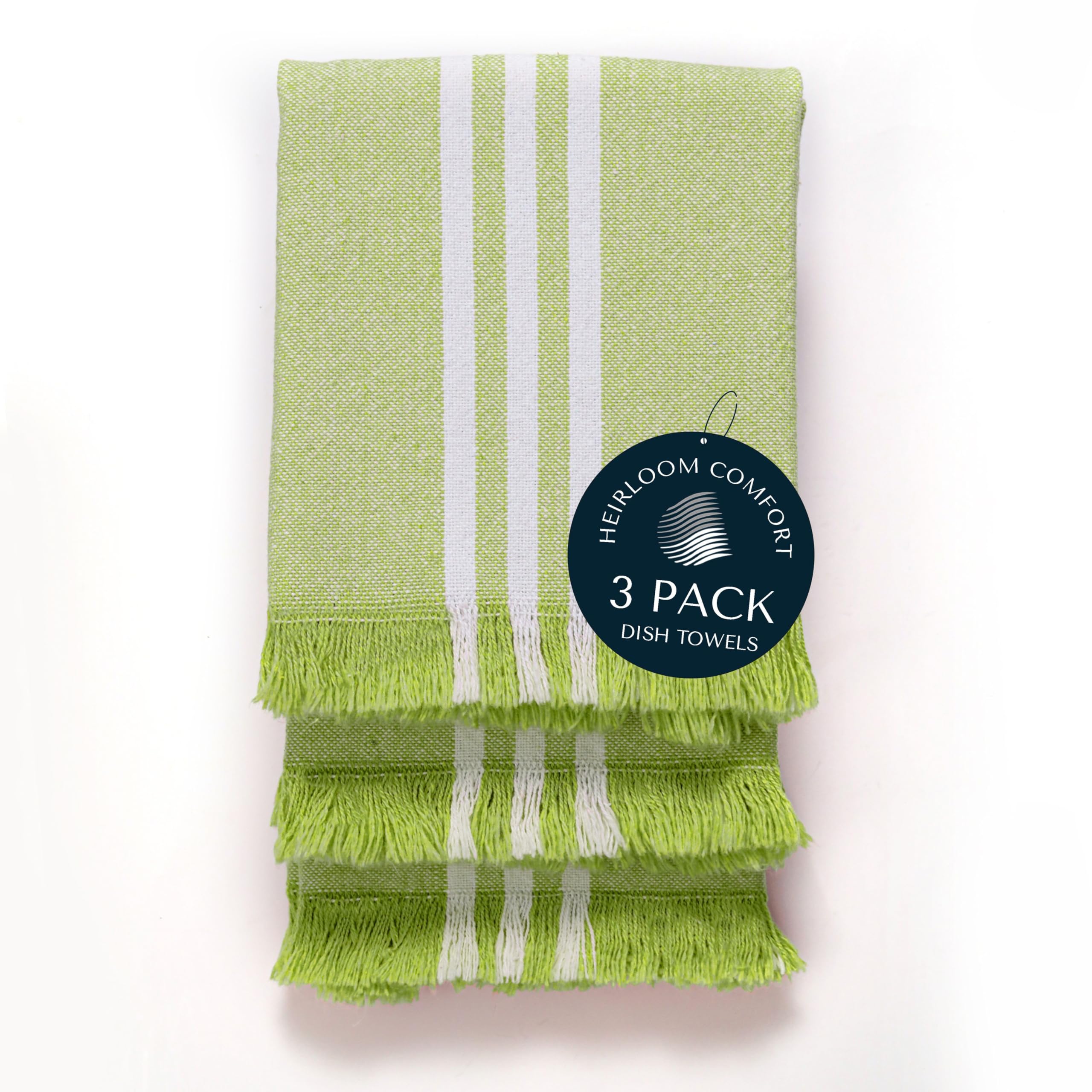 HEIRLOOM COMFORT 3 Pack Monochrome Stripe Kitchen Towels, Fringed Edges, 40x66 cm, 100% Cotton, Lint-Free, Absorbent & Washable Dish Towels for Drying Dishes, Everyday Kitchen Use, Lemon Green