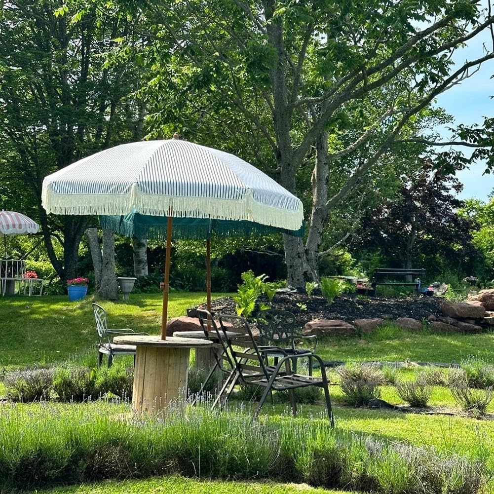 Parasol plażowy z frędzlami, UPF 50+, zewnętrzny parasol tarasowy z nachyleniem guzika, przenośny parasol ogrodowy na trawnik, podwórko, basen i podwórko