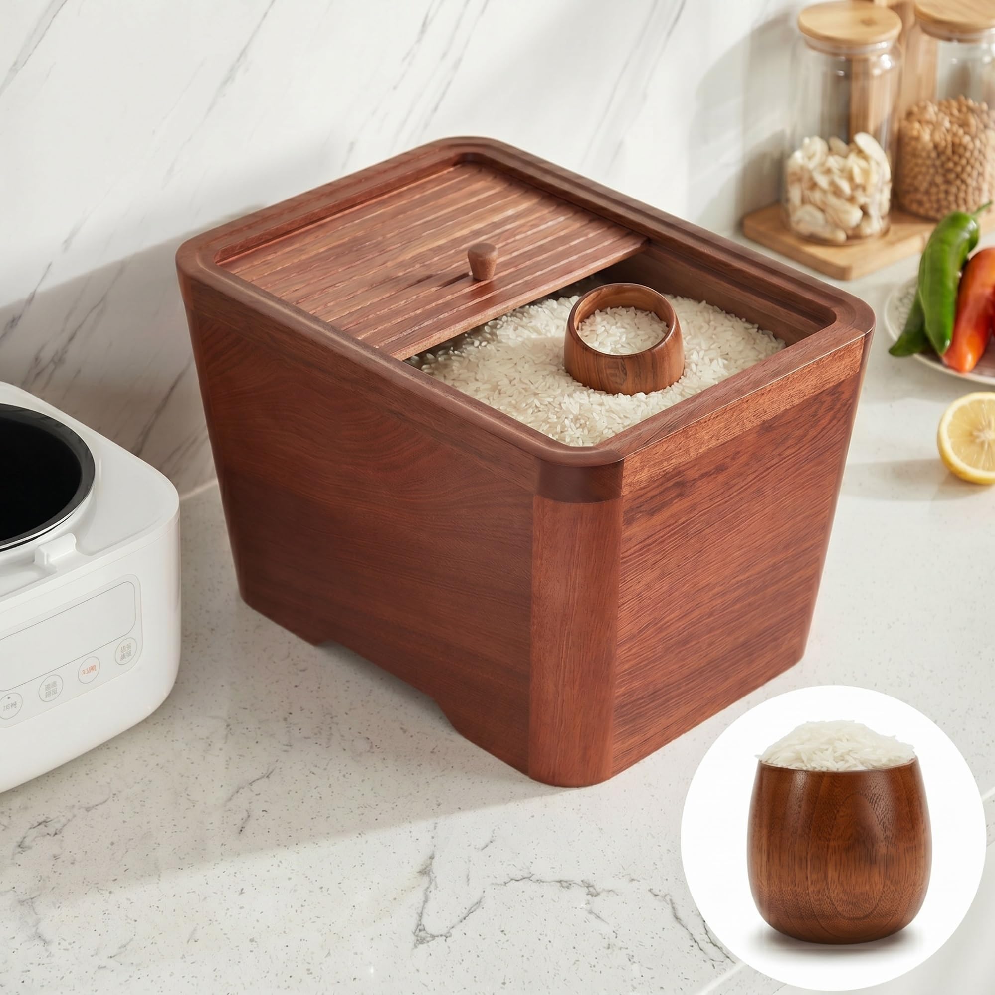 NEONMAN Wooden Rice Container, Grain Storage With Push-Pull Lid, Sealed Dispenser For Rice, Grain, Flour, Sugar, Coffee Beans(10kg)