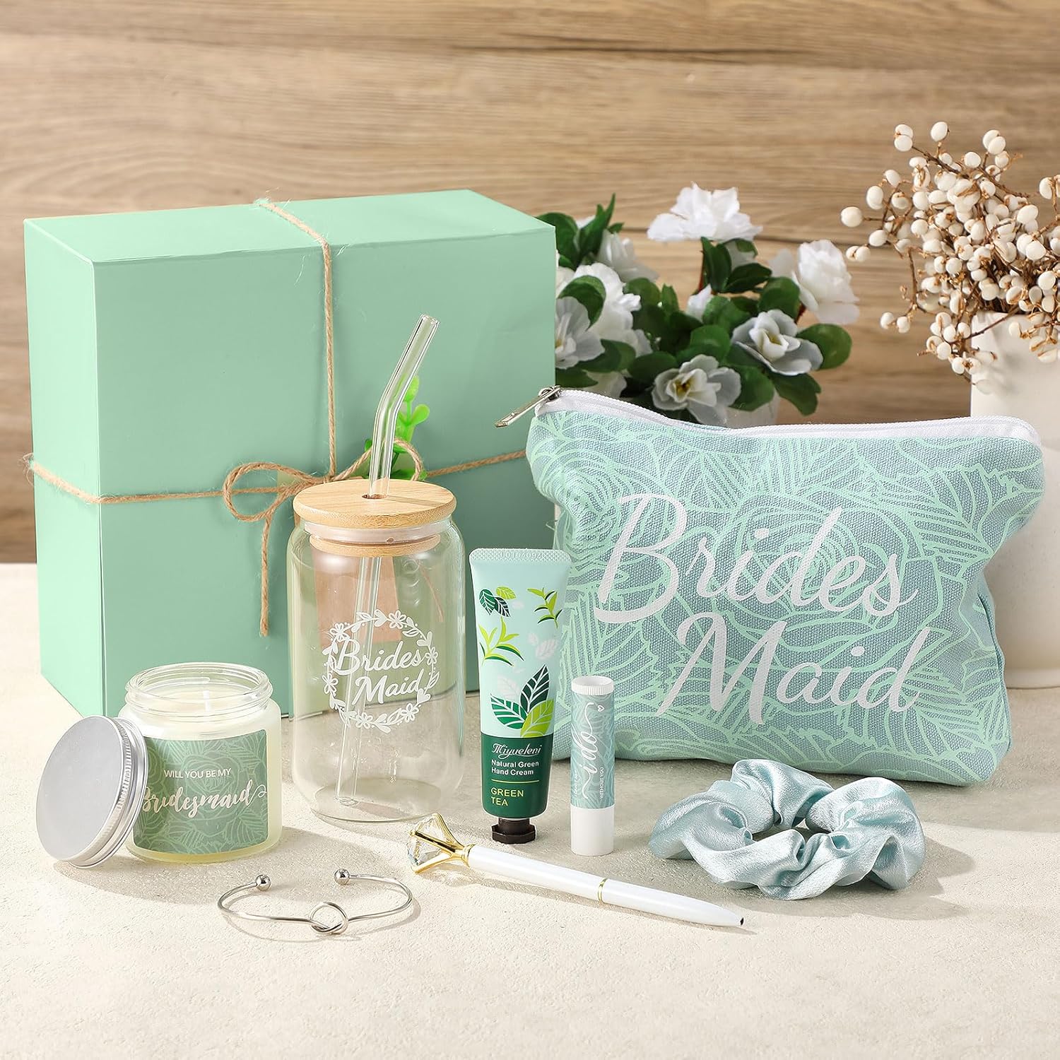 Meanplan 14 Pcs Bridesmaid Proposal Gifts Set, Will You Be My Bridesmaid Gifts with Proposal Box Glass Cup Makeup Bag Cards Lip Balm Hand Cream Candle Scrunchie Bracelet Diamond Pen for Wedding(Green)