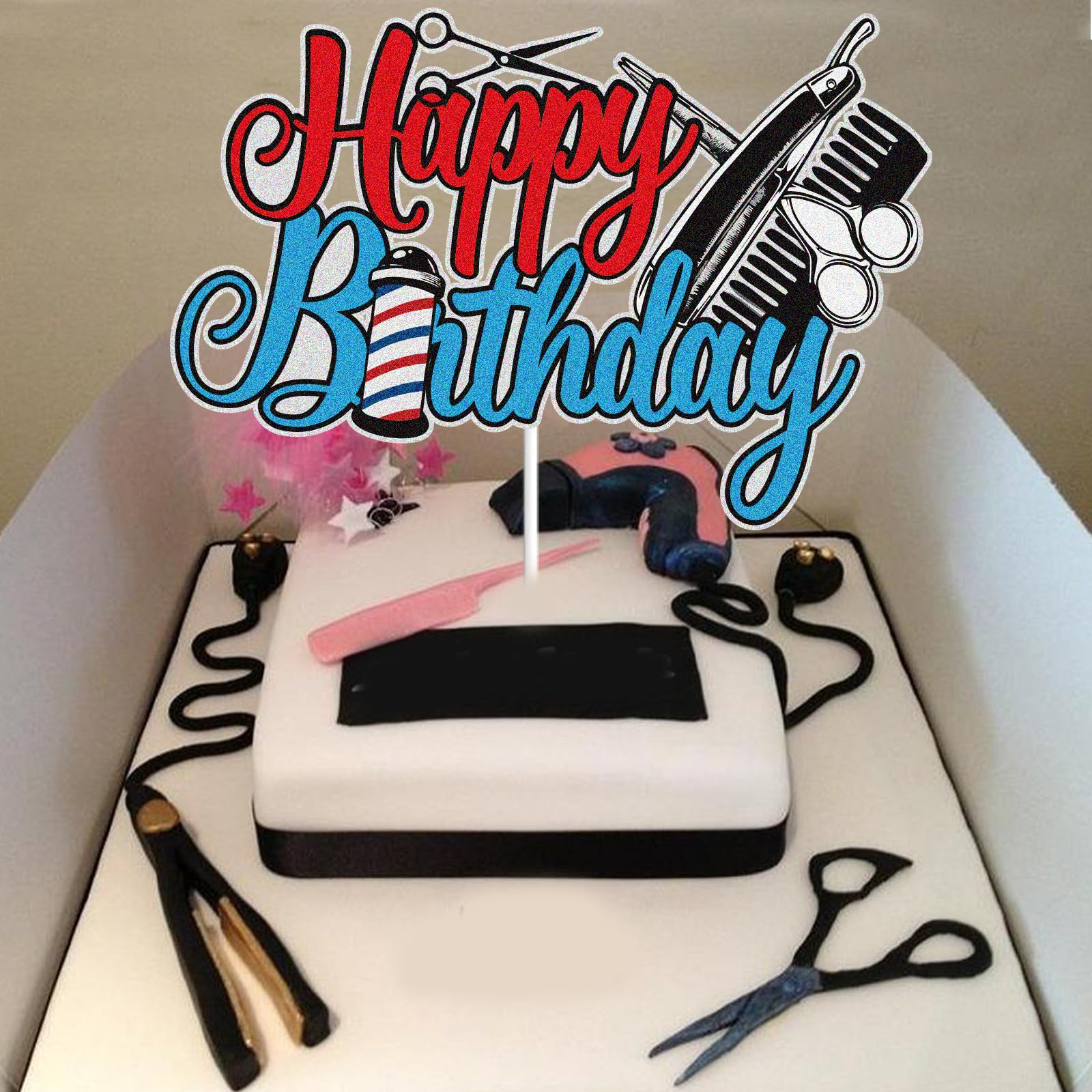 Barber Shop Happy Birthday Cake Topper Blue Red Glittery Hairstylist Haircut Barbershop Cake Decor Hairdresser Cosmetologist Salon Birthday Party Supplies : Grocery & Gourmet Food