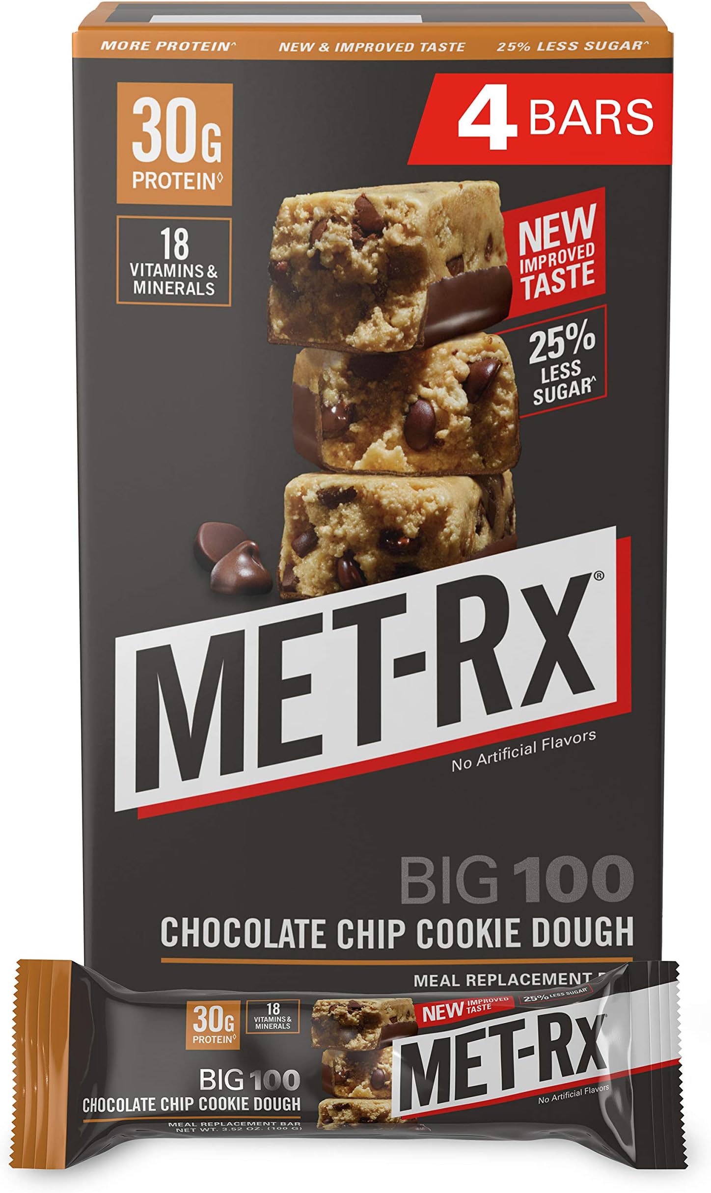 Big 100 Colossal Protein Bars, Great as Healthy Meal Replacement, Snack, and Help Support Energy, Gluten Free, Chocolate Chip Cookie Dough, 100 g, 4 Count (Packaging May Vary)