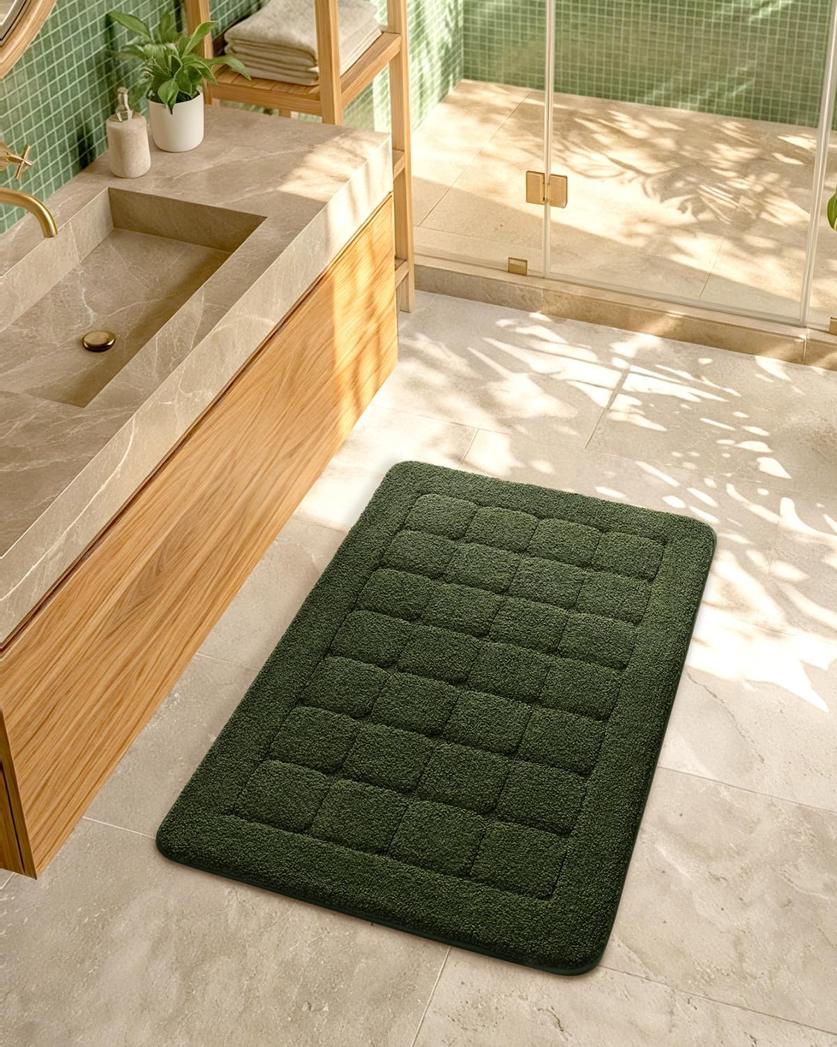 Color&Geometry Green Checkered Bath Mat 24x36, Fluffy Absorbent Microfiber Non-Slip Bathroom Rug, Soft Plush Shower Mat for Tub, Shower Machine Washable Bath Rug for Bathroom Floor