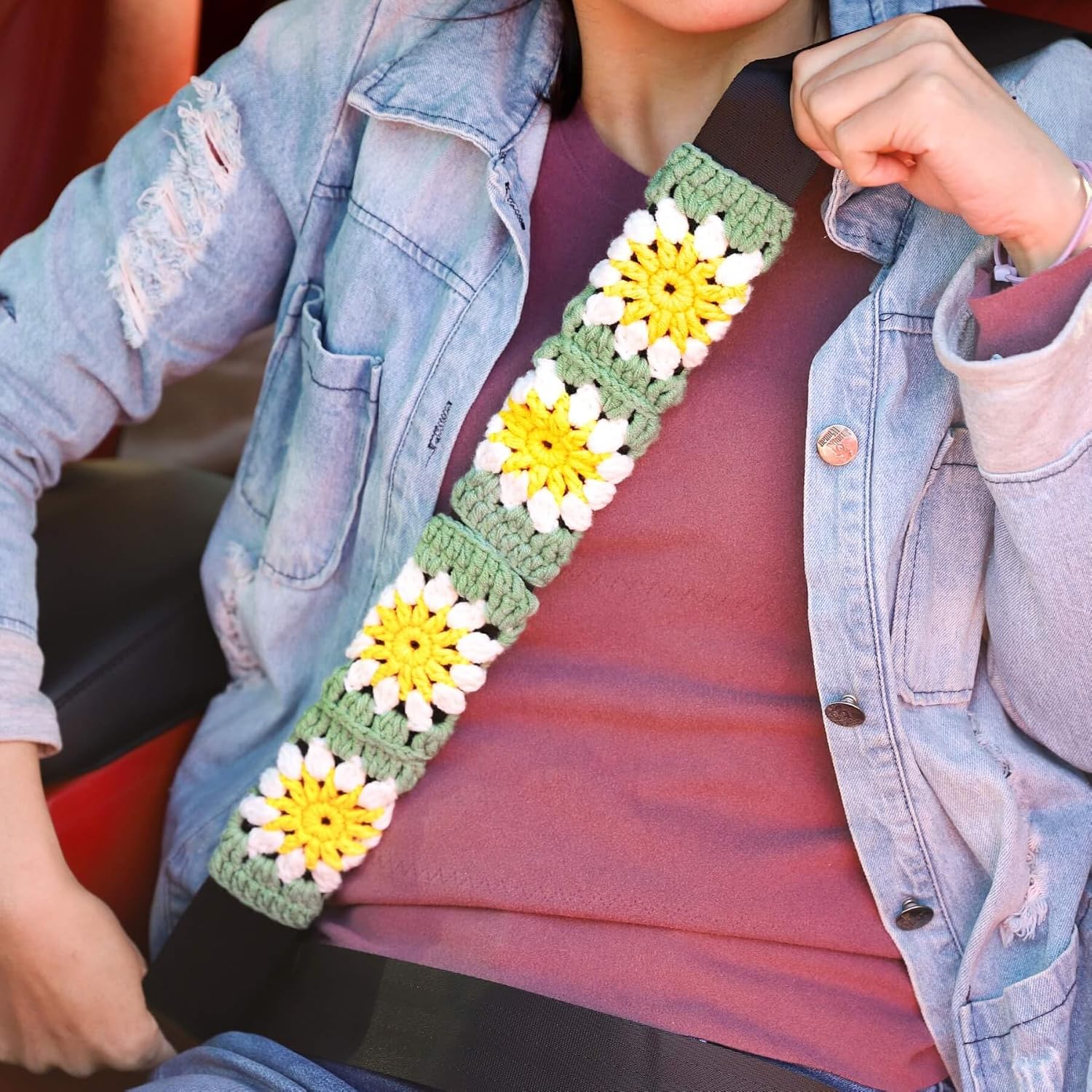 Crochet Automotive Seat Belt Cover Pad, Cute Sunflower Car Accessories for Women, Shoulder Pads Cushions, Daisy Granny Square Crochet Accessories 2 PCS-HZYZW (Multicolor Sunflower)