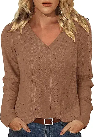 KISSMODA Long Sleeve Fall Shirts For Women V Neck Tunic Tops Embroidered Button Down Knitted Blouses 2025